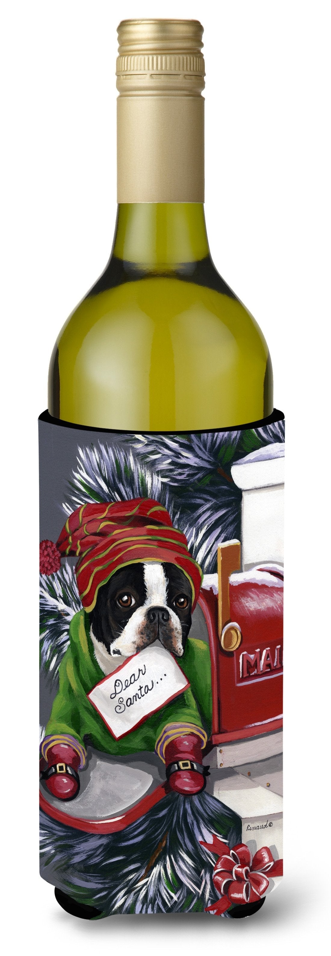 Boston Terrier Letter to Santa Christmas Wine Bottle Hugger Gift Sleeve for Standard 750 ml Bottles, Insulated Reusable Also Fits Mini Shot & Pint Bottles