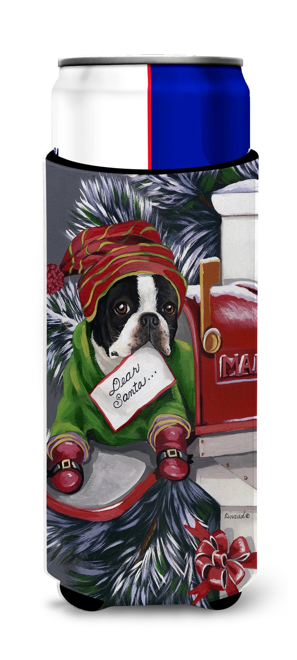 Boston Terrier Letter to Santa Christmas Slim Can Hugger , Insulated Foam Hugger for 12 oz Slim Cans, Beer Bottles & Water Bottles, Printed in USA