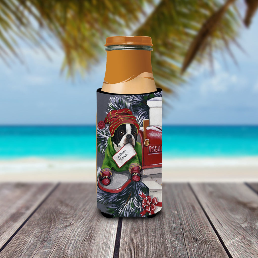 Boston Terrier Letter to Santa Christmas Slim Can Hugger , Insulated Foam Hugger for 12 oz Slim Cans, Beer Bottles & Water Bottles, Printed in USA