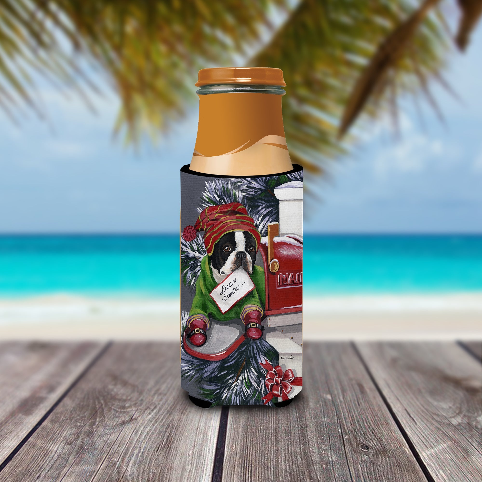 Boston Terrier Letter to Santa Christmas Slim Can Hugger , Insulated Foam Hugger for 12 oz Slim Cans, Beer Bottles & Water Bottles, Printed in USA