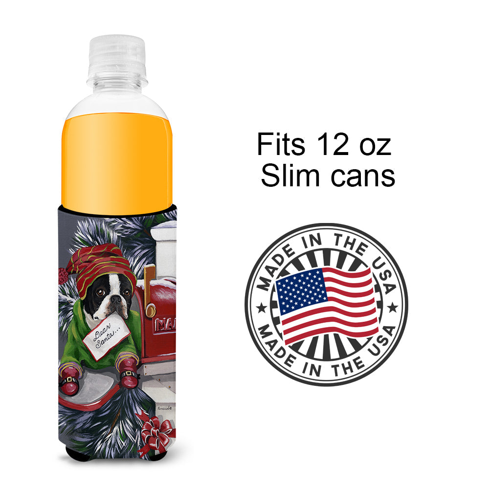 Boston Terrier Letter to Santa Christmas Slim Can Hugger , Insulated Foam Hugger for 12 oz Slim Cans, Beer Bottles & Water Bottles, Printed in USA