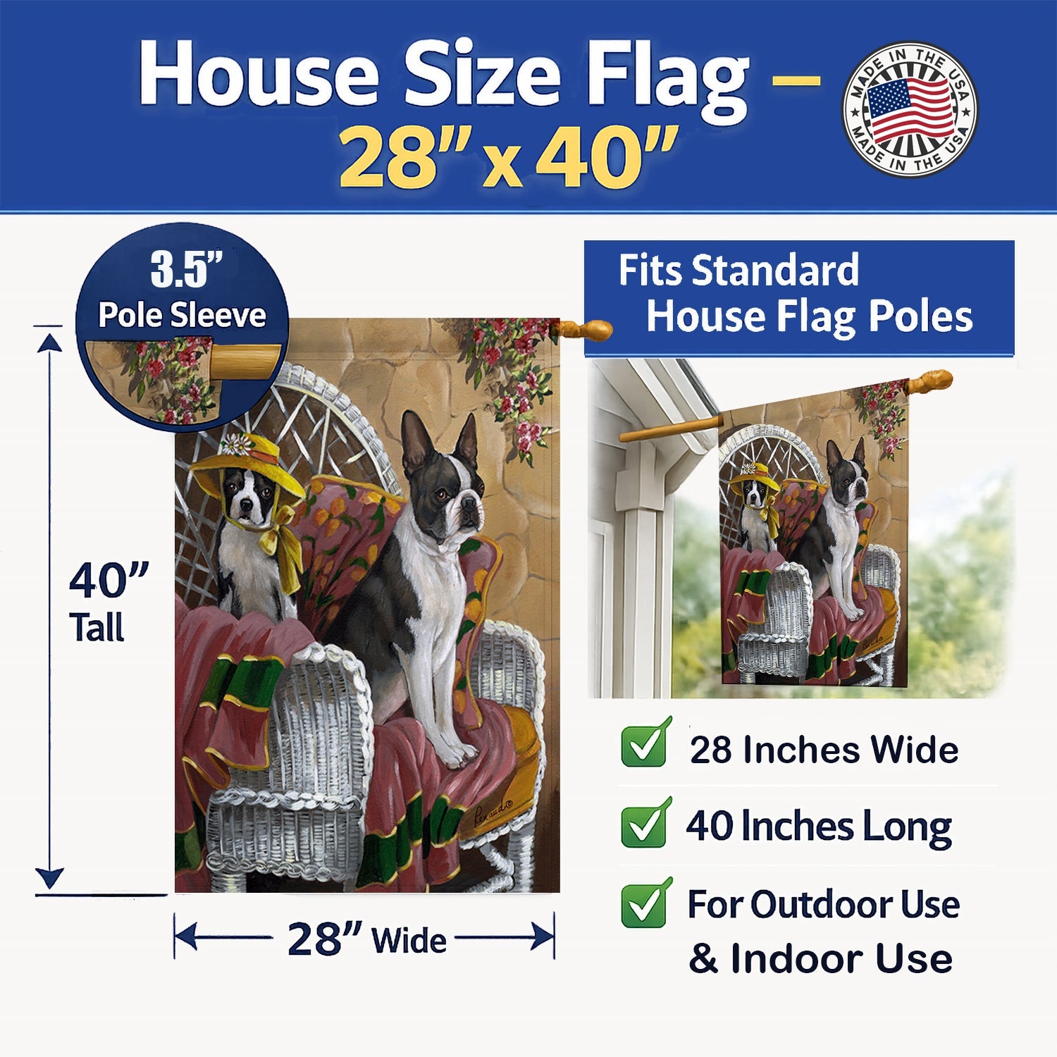 Boston Terrier Patio Gems House Flag 28x40 Porch Sleeve Pole Decorative Outside Yard Banner Artwork Wall Hanging, Polyester