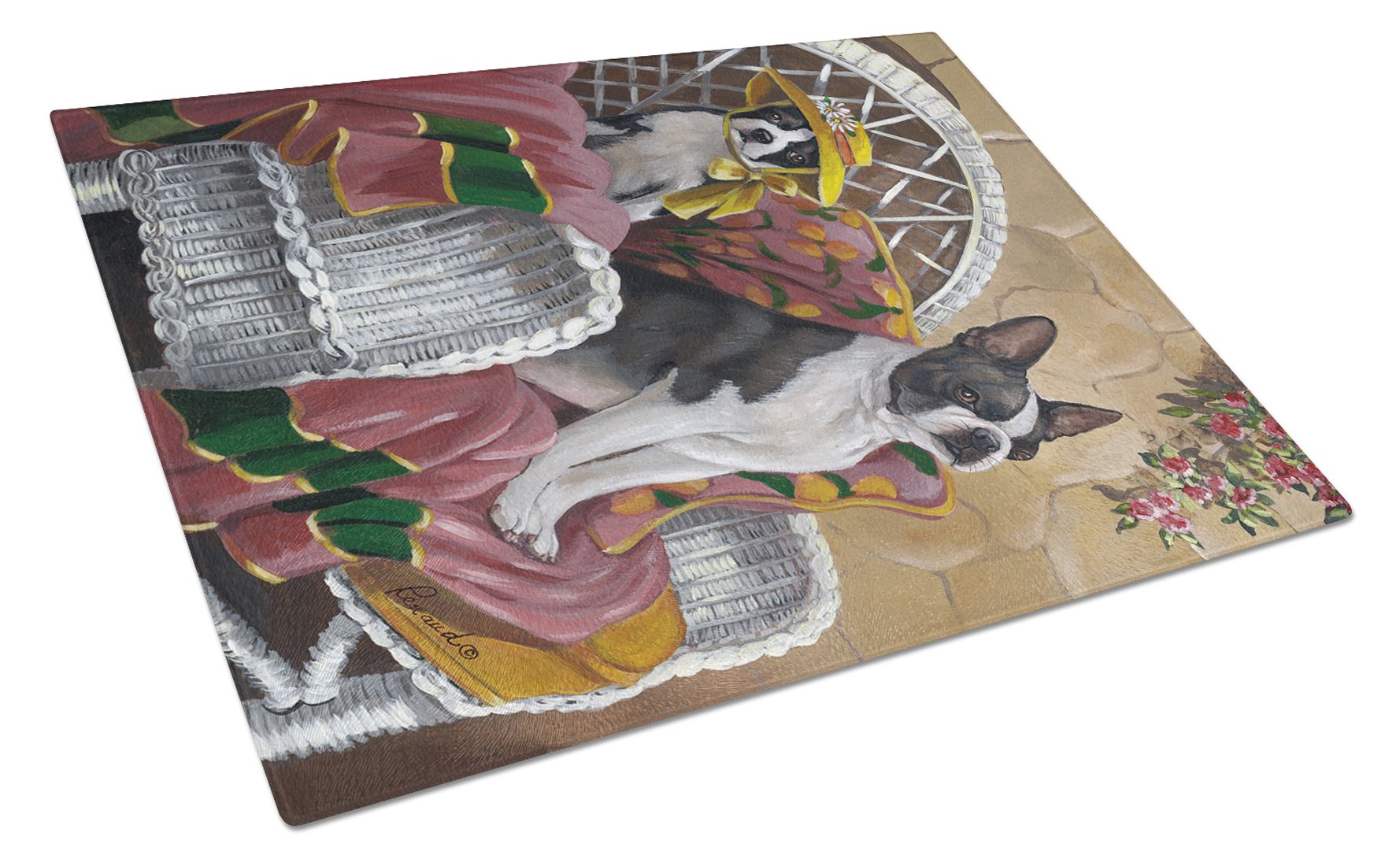 Boston Terrier Patio Gems Cutting Board Tempered Glass Kitchen Cutting Surface, Heat Resistant Chopping, Non-Slip Feet, Food Prep & Serving