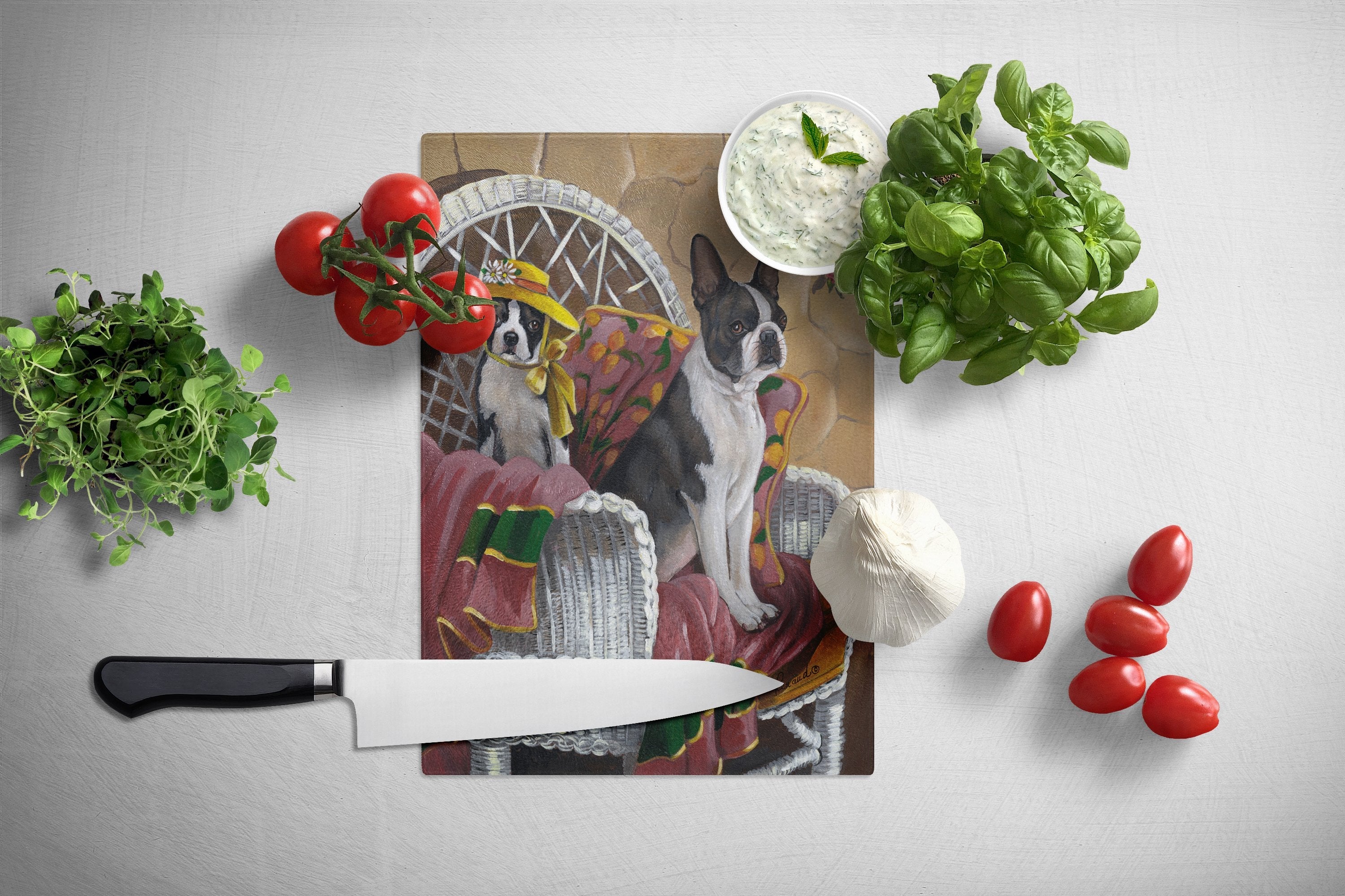 Boston Terrier Patio Gems Cutting Board Tempered Glass Kitchen Cutting Surface, Heat Resistant Chopping, Non-Slip Feet, Food Prep & Serving