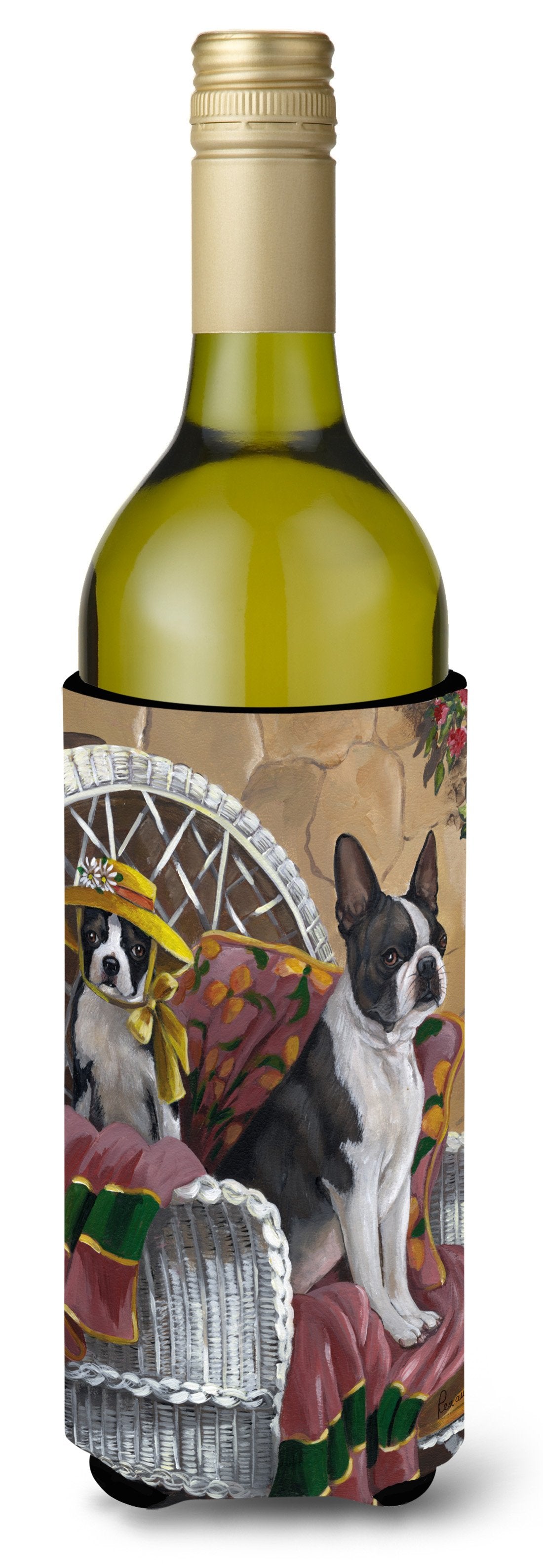 Boston Terrier Patio Gems Wine Bottle Hugger Gift Sleeve for Standard 750 ml Bottles, Insulated Reusable Also Fits Mini Shot & Pint Bottles