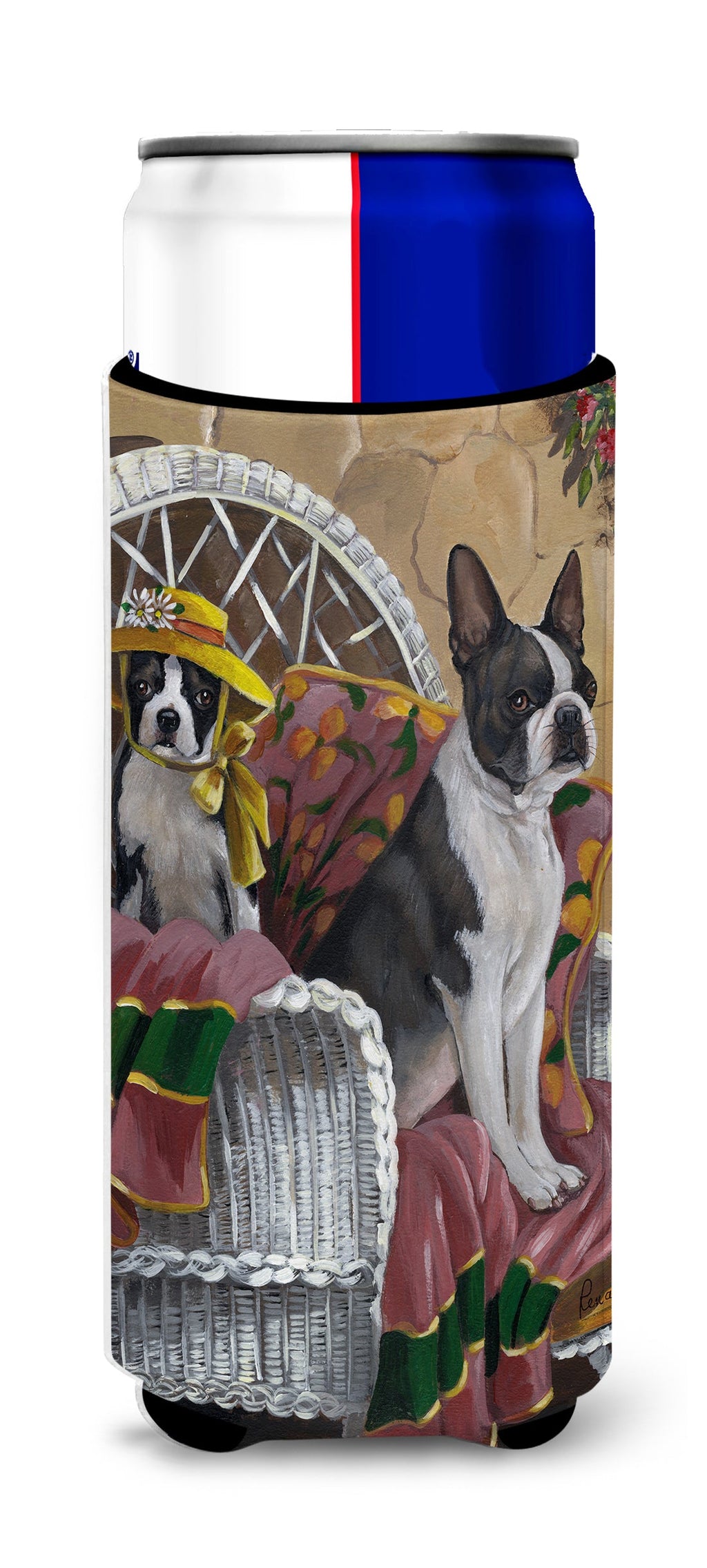 Boston Terrier Patio Gems Slim Can Hugger , Insulated Foam Hugger for 12 oz Slim Cans, Beer Bottles & Water Bottles, Printed in USA