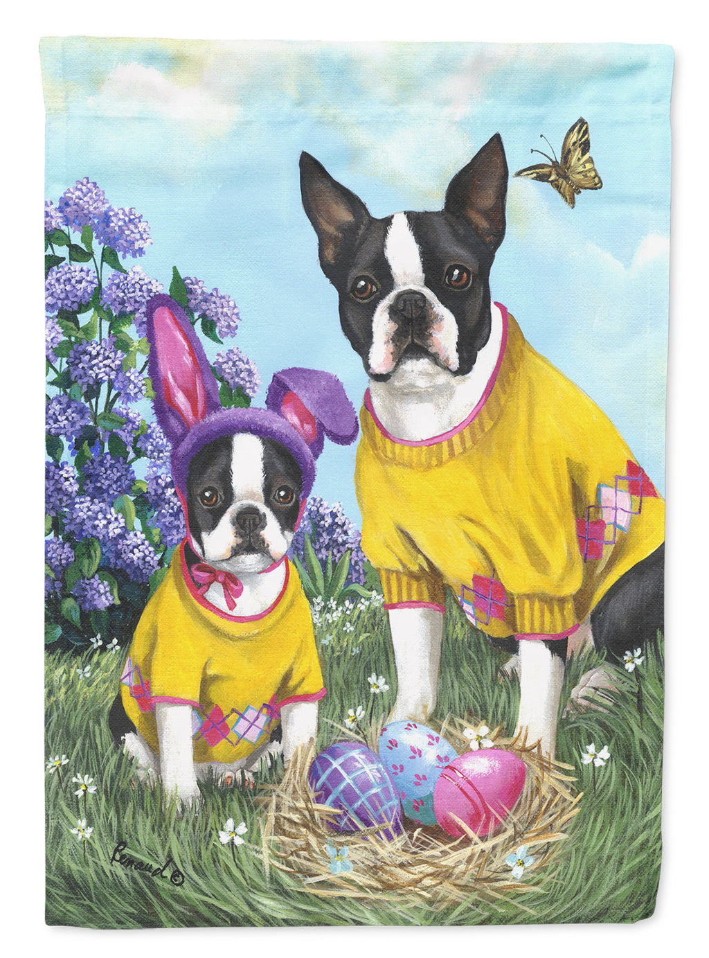 Boston Terrier Easter Bunny House Flag 28x40 Porch Sleeve Pole Decorative Outside Yard Banner Artwork Wall Hanging, Polyester