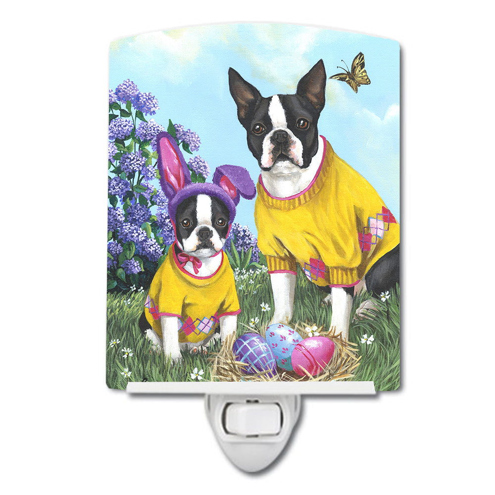 Boston Terrier Easter Bunny Ceramic Night Light Compact, UL-Certified, Ideal for Bedroom, Bathroom, Nursery, Hallway, Kitchen, 6x4x3, Multicolor