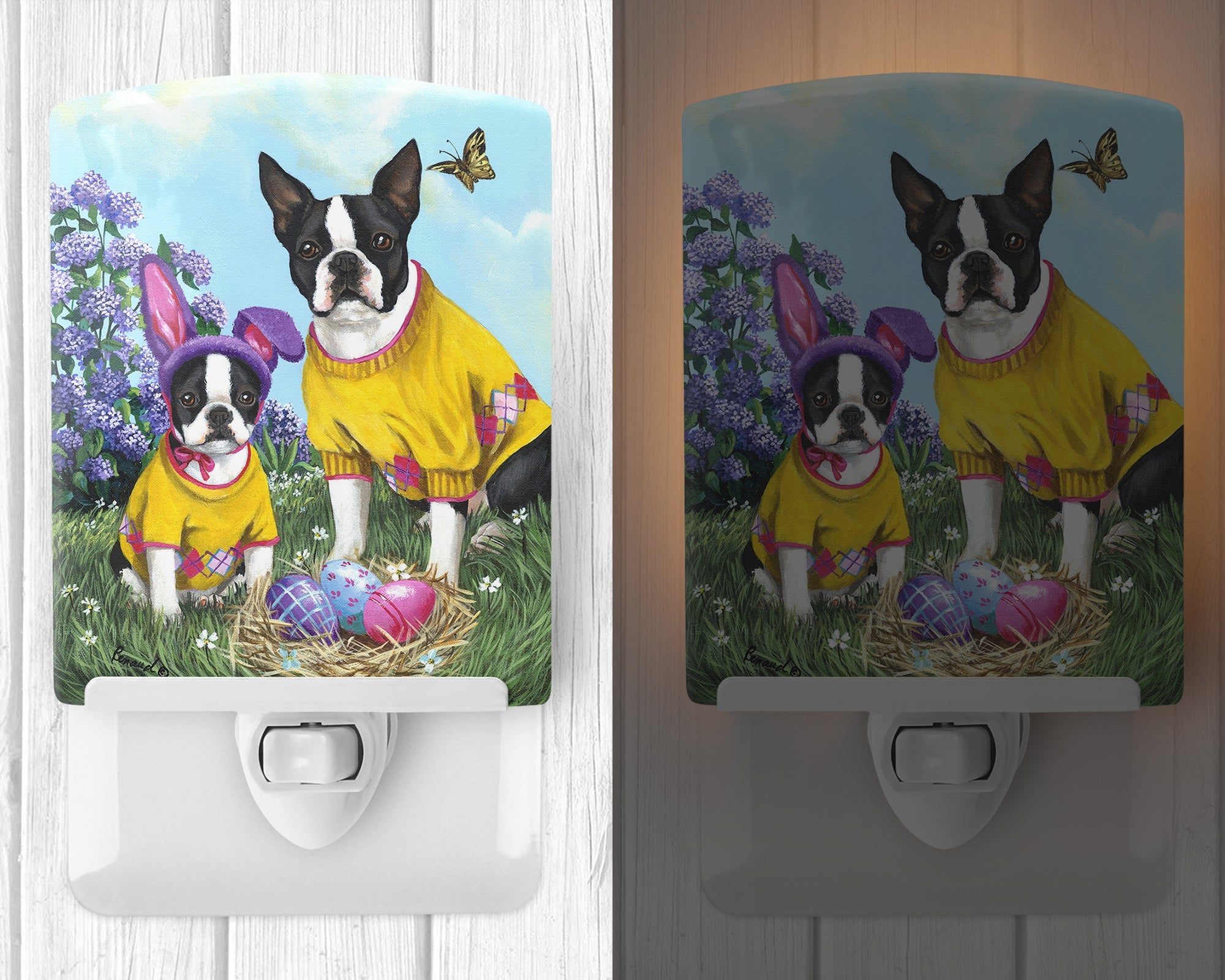 Boston Terrier Easter Bunny Ceramic Night Light Compact, UL-Certified, Ideal for Bedroom, Bathroom, Nursery, Hallway, Kitchen, 6x4x3, Multicolor