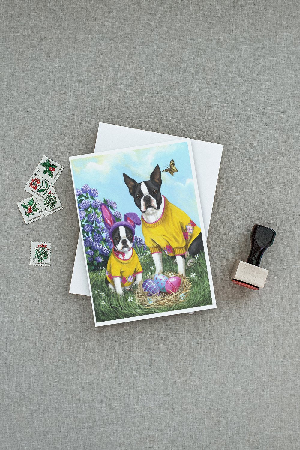 Boston Terrier Easter Bunny Greeting Cards Pack of 8 Blank Cards with Envelopes Whimsical A7 Size 5x7