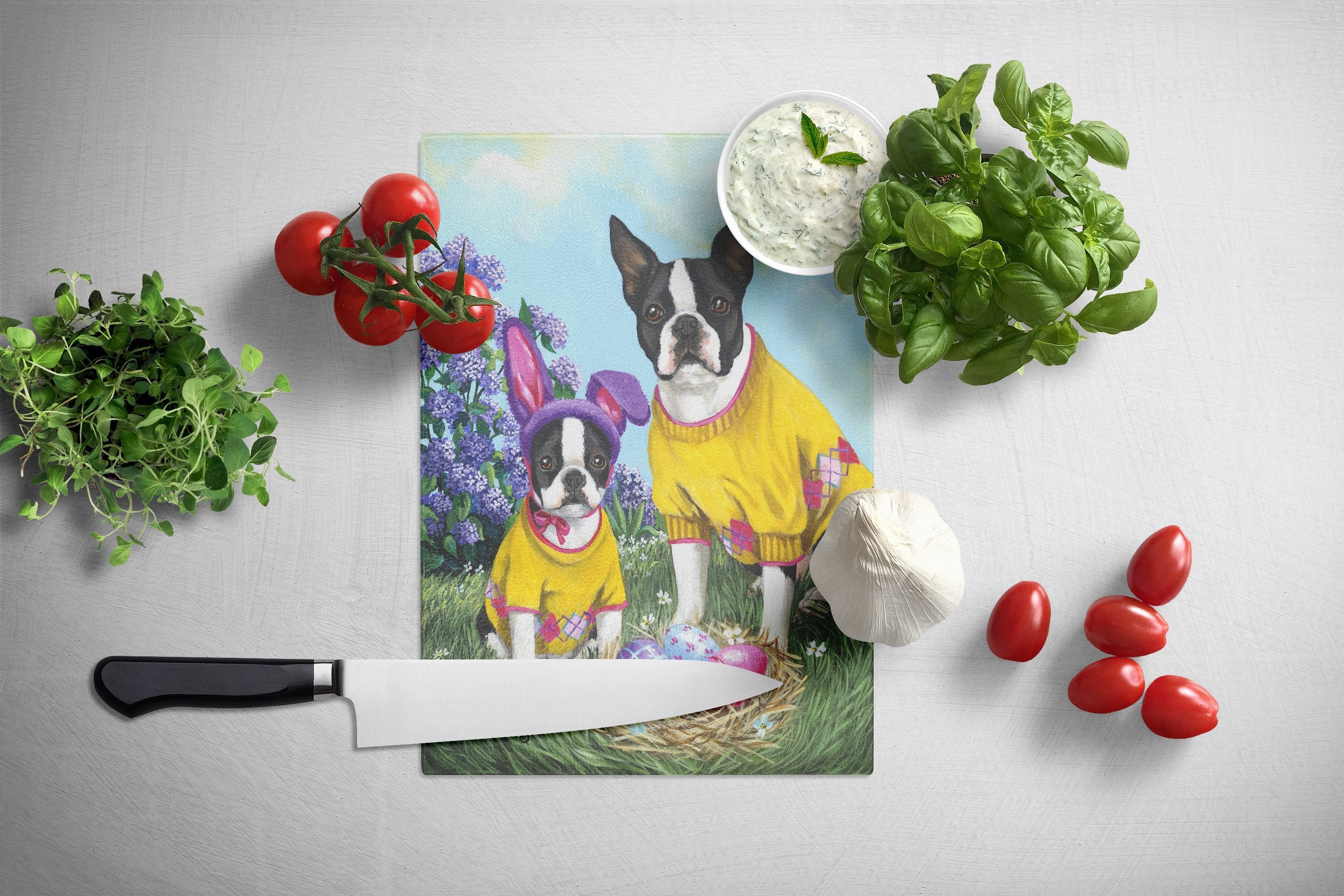 Boston Terrier Easter Bunny Cutting Board Tempered Glass Kitchen Cutting Surface, Heat Resistant Chopping, Non-Slip Feet, Food Prep & Serving