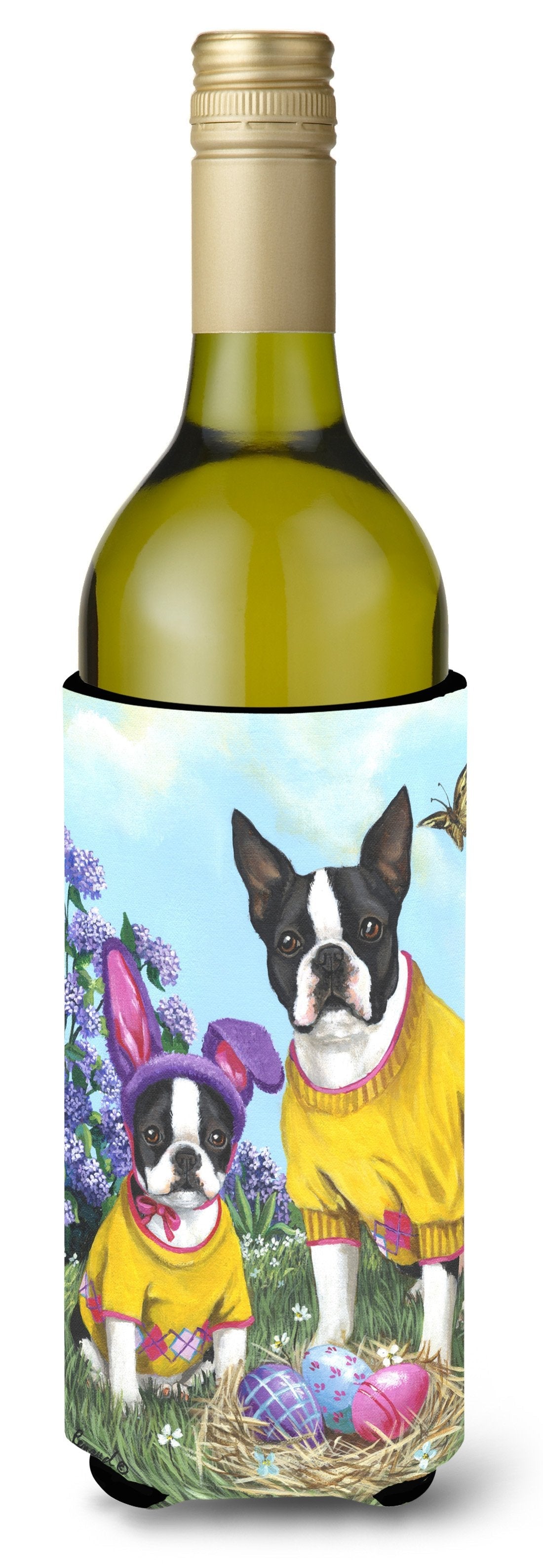 Boston Terrier Easter Bunny Wine Bottle Hugger Gift Sleeve for Standard 750 ml Bottles, Insulated Reusable Also Fits Mini Shot & Pint Bottles