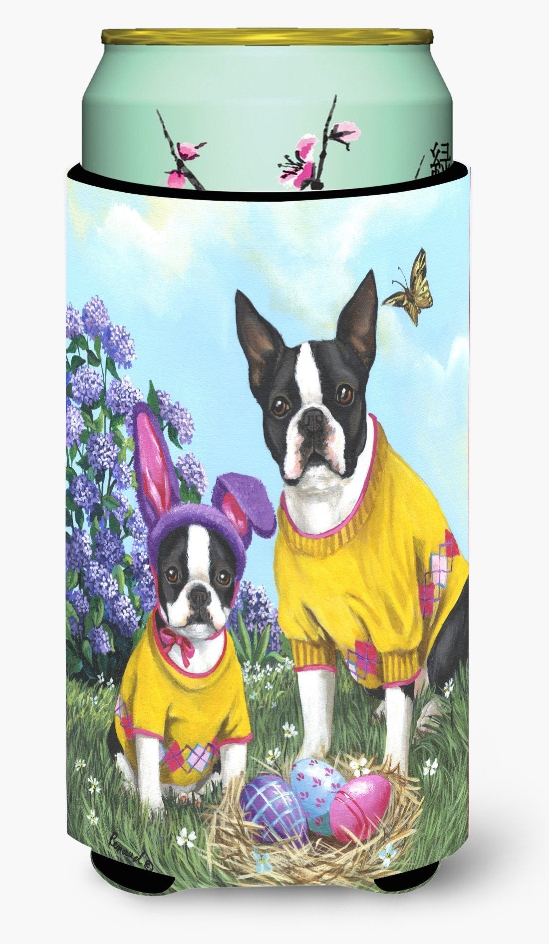 Boston Terrier Easter Bunny Tall Boy Hugger Can Cooler Sleeve Machine Washable Drink Collapsible Insulator Beverage Insulated Holder