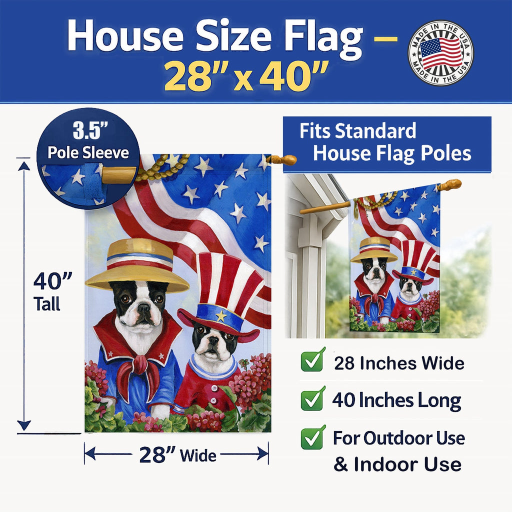 Boston Terrier USA House Flag 28x40 Porch Sleeve Pole Decorative Outside Yard Banner Artwork Wall Hanging, Polyester