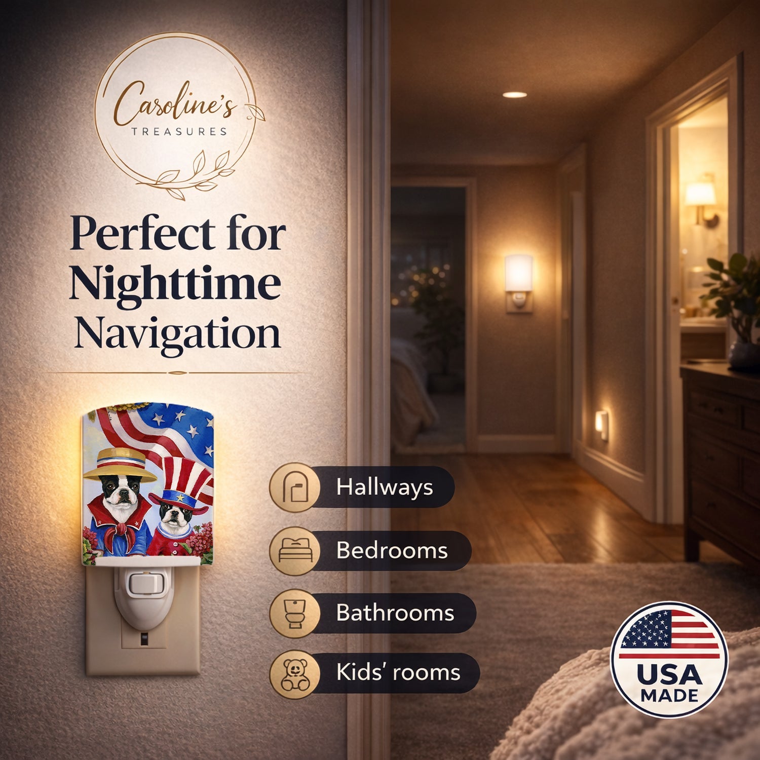 Boston Terrier USA Ceramic Night Light Compact, UL-Certified, Ideal for Bedroom, Bathroom, Nursery, Hallway, Kitchen, 6x4x3, Multicolor