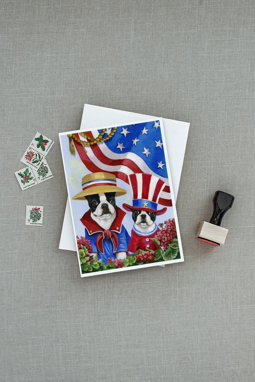 Boston Terrier USA Greeting Cards Pack of 8 Blank Cards with Envelopes Whimsical A7 Size 5x7