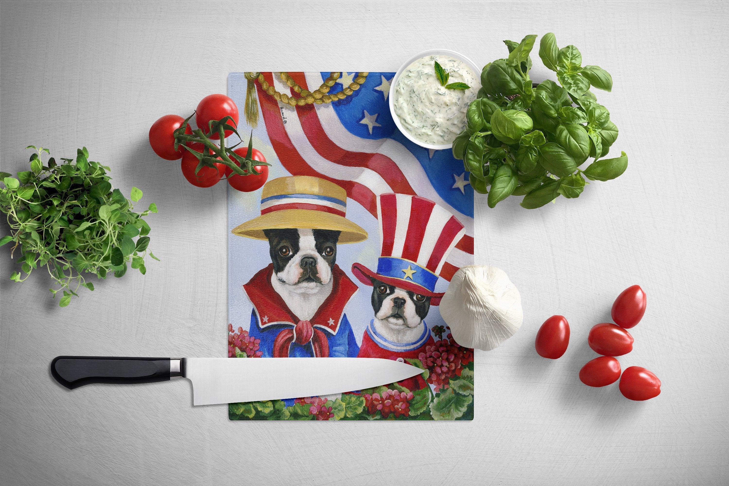 Boston Terrier USA Cutting Board Tempered Glass Kitchen Cutting Surface, Heat Resistant Chopping, Non-Slip Feet, Food Prep & Serving