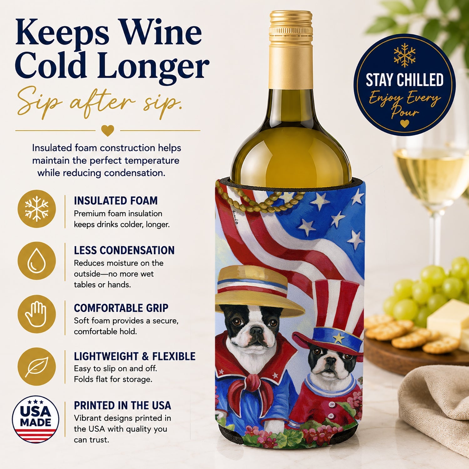 Boston Terrier USA Wine Bottle Hugger Gift Sleeve for Standard 750 ml Bottles, Insulated Reusable Also Fits Mini Shot & Pint Bottles