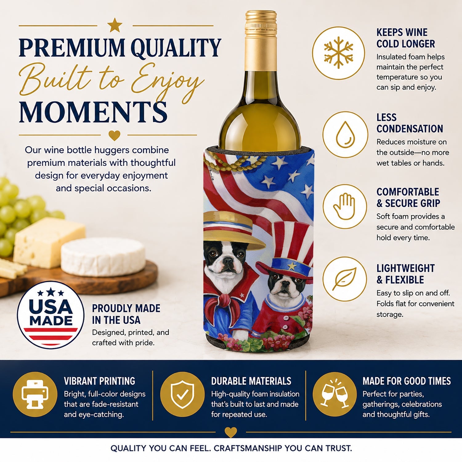 Boston Terrier USA Wine Bottle Hugger Gift Sleeve for Standard 750 ml Bottles, Insulated Reusable Also Fits Mini Shot & Pint Bottles