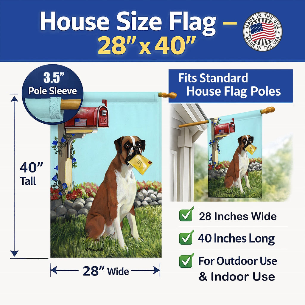 Boxer Got Mail House Flag 28x40 Porch Sleeve Pole Decorative Outside Yard Banner Artwork Wall Hanging, Polyester