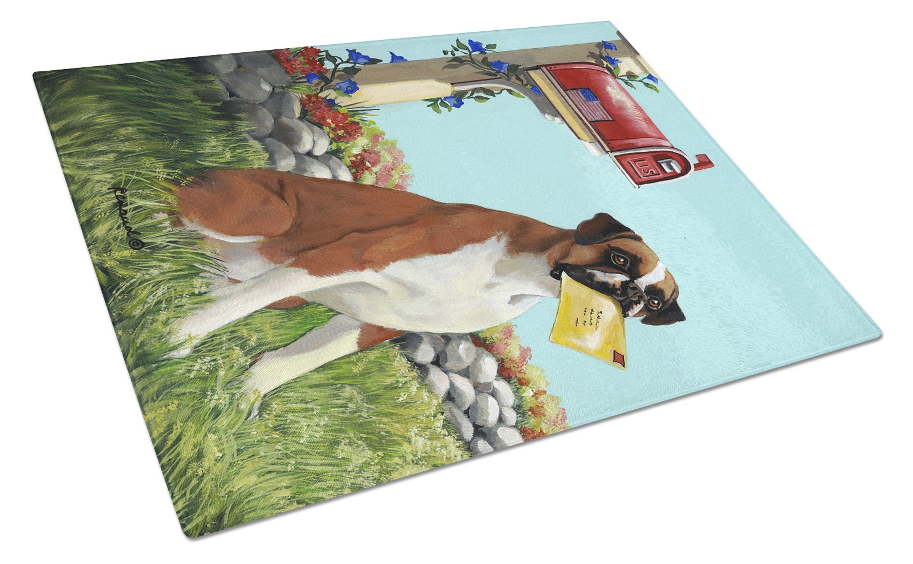 Boxer Got Mail Cutting Board Tempered Glass Kitchen Cutting Surface, Heat Resistant Chopping, Non-Slip Feet, Food Prep & Serving