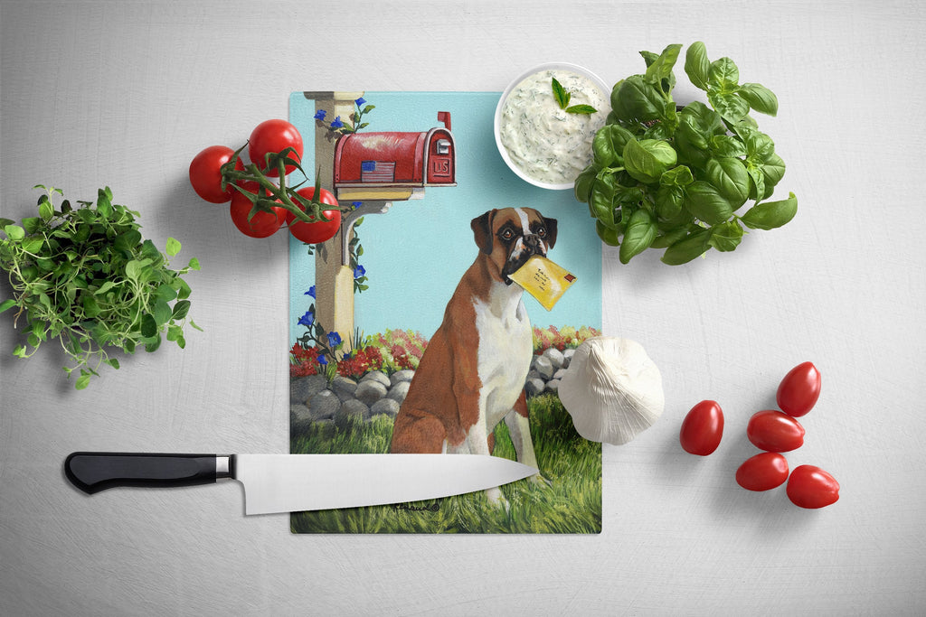 Boxer Got Mail Cutting Board Tempered Glass Kitchen Cutting Surface, Heat Resistant Chopping, Non-Slip Feet, Food Prep & Serving