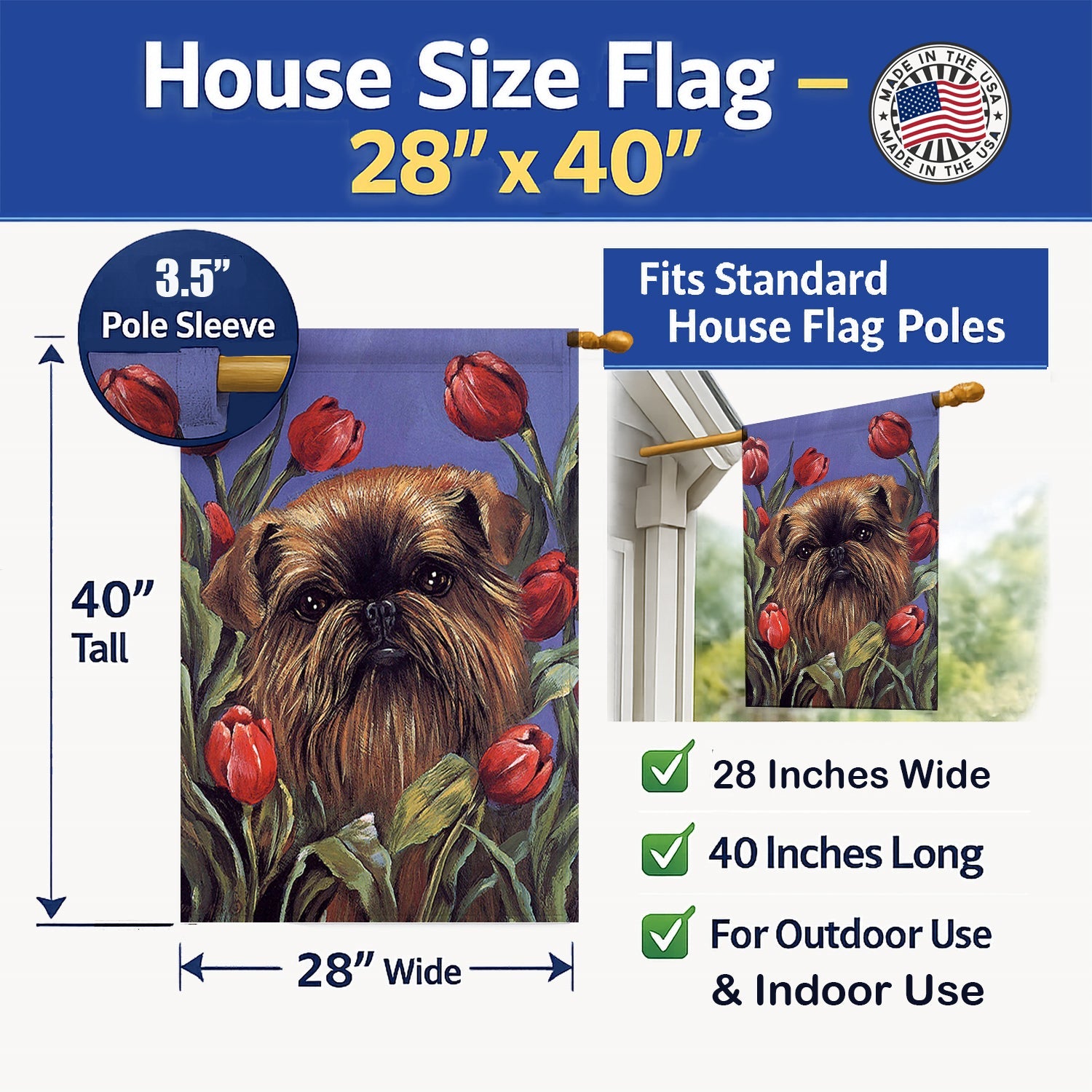 Brussels Griffon Peek a Boo House Flag 28x40 Porch Sleeve Pole Decorative Outside Yard Banner Artwork Wall Hanging, Polyester