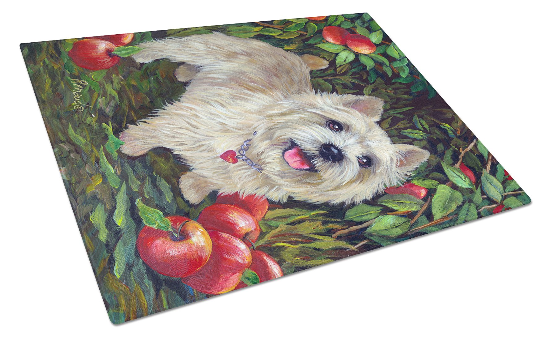 Cairn Terrier Apples Cutting Board Tempered Glass Kitchen Cutting Surface, Heat Resistant Chopping, Non-Slip Feet, Food Prep & Serving
