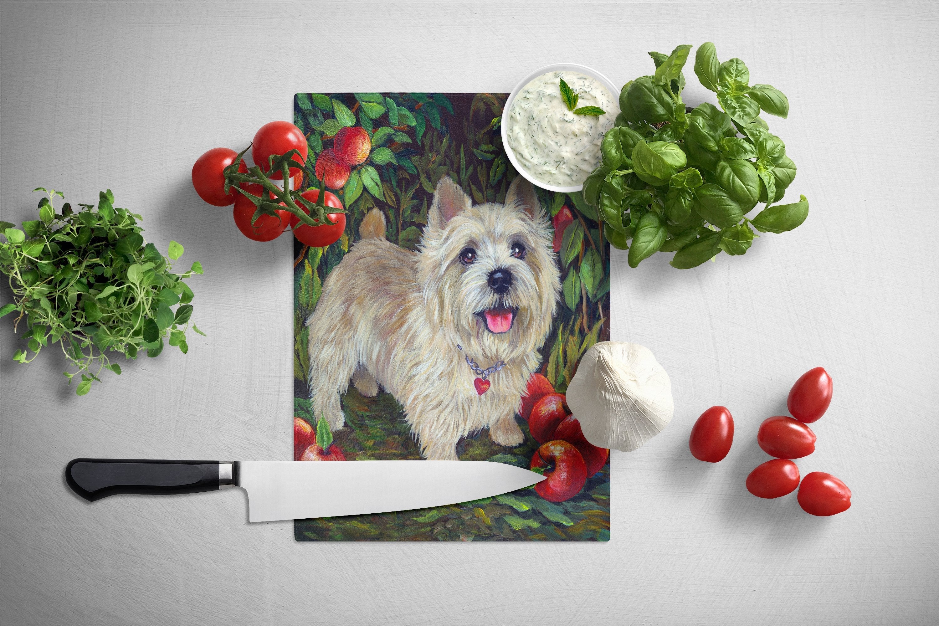 Cairn Terrier Apples Cutting Board Tempered Glass Kitchen Cutting Surface, Heat Resistant Chopping, Non-Slip Feet, Food Prep & Serving