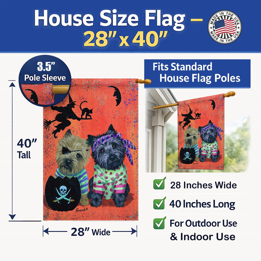 Cairn Terrier Pirates Halloween House Flag 28x40 Porch Sleeve Pole Decorative Outside Yard Banner Artwork Wall Hanging, Polyester