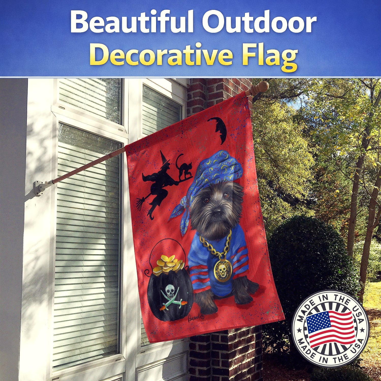 Cairn Terrier Black Pirate Halloween House Flag 28x40 Porch Sleeve Pole Decorative Outside Yard Banner Artwork Wall Hanging, Polyester
