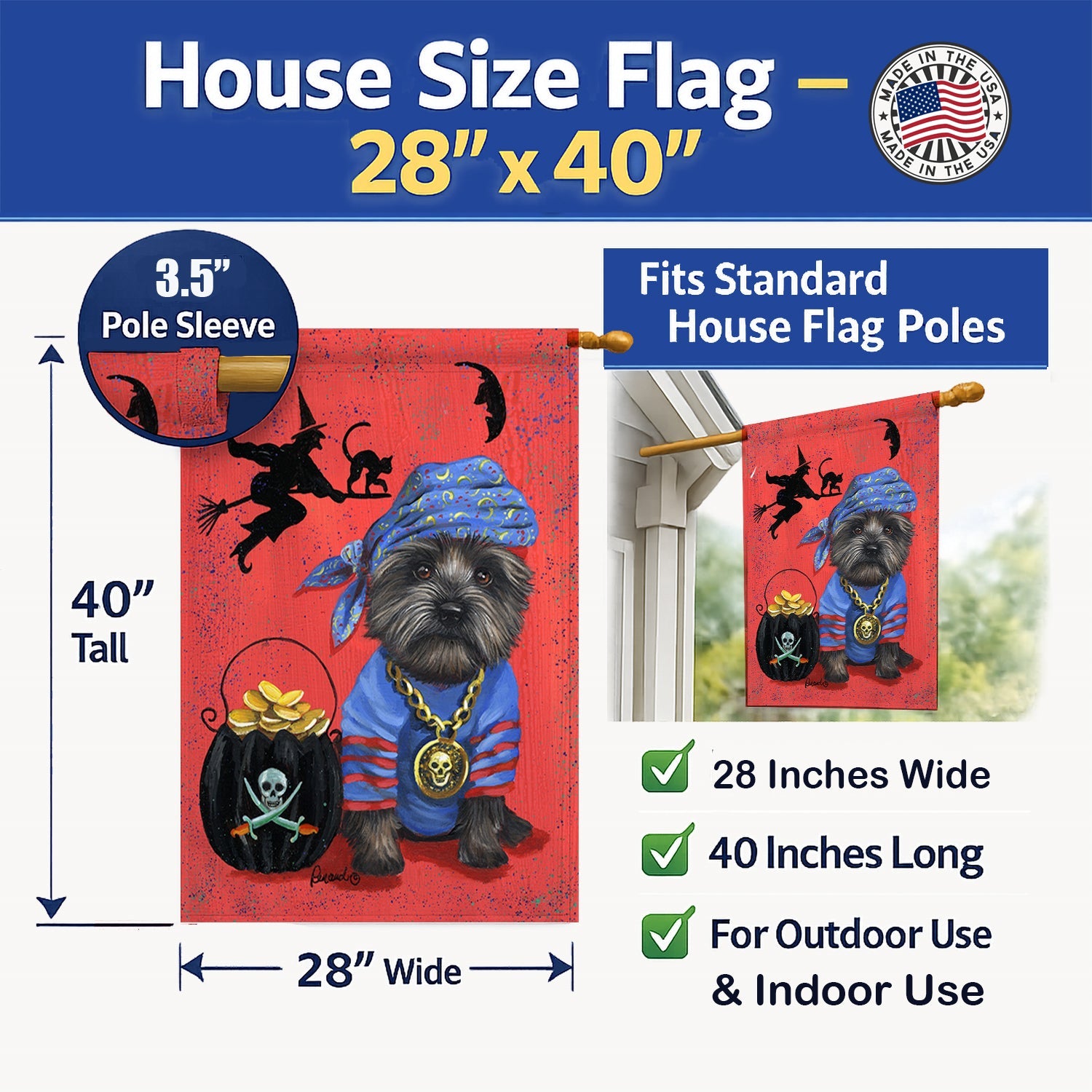 Cairn Terrier Black Pirate Halloween House Flag 28x40 Porch Sleeve Pole Decorative Outside Yard Banner Artwork Wall Hanging, Polyester