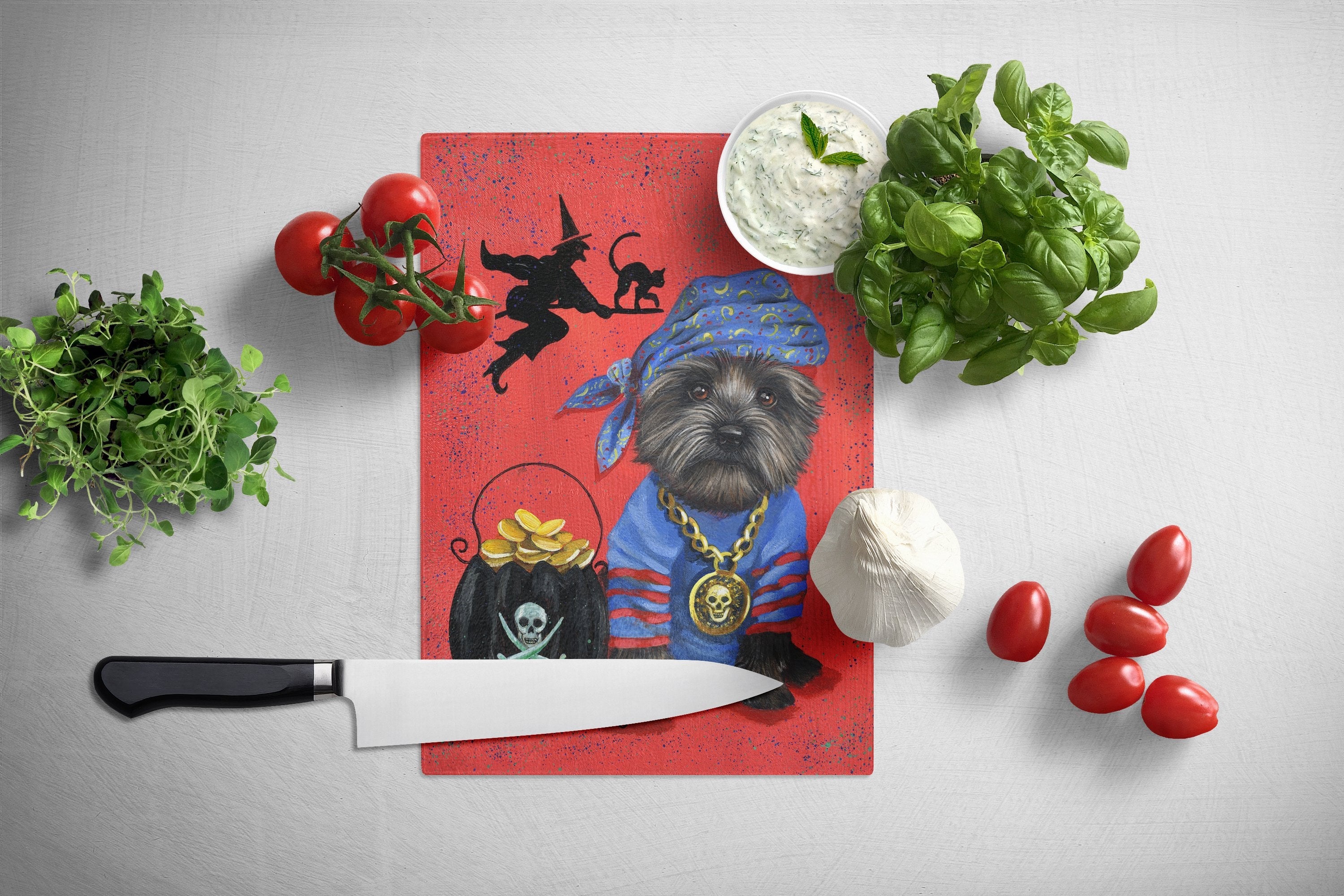 Cairn Terrier Black Pirate Halloween Cutting Board Tempered Glass Kitchen Cutting Surface, Heat Resistant Chopping, Non-Slip Feet, Food Prep & Serving