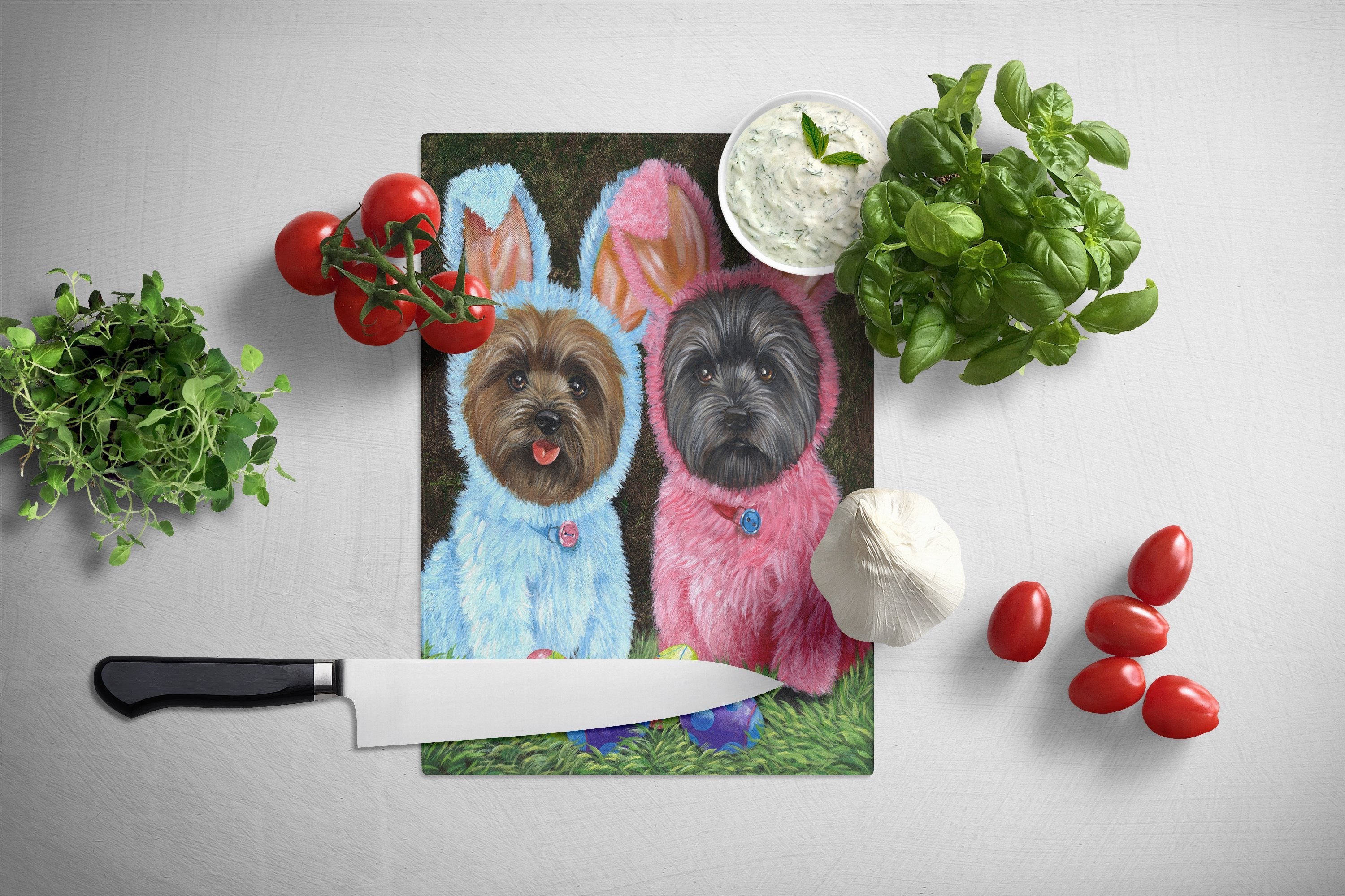 Cairn Terrier Easter Bunnies Cutting Board Tempered Glass Kitchen Cutting Surface, Heat Resistant Chopping, Non-Slip Feet, Food Prep & Serving