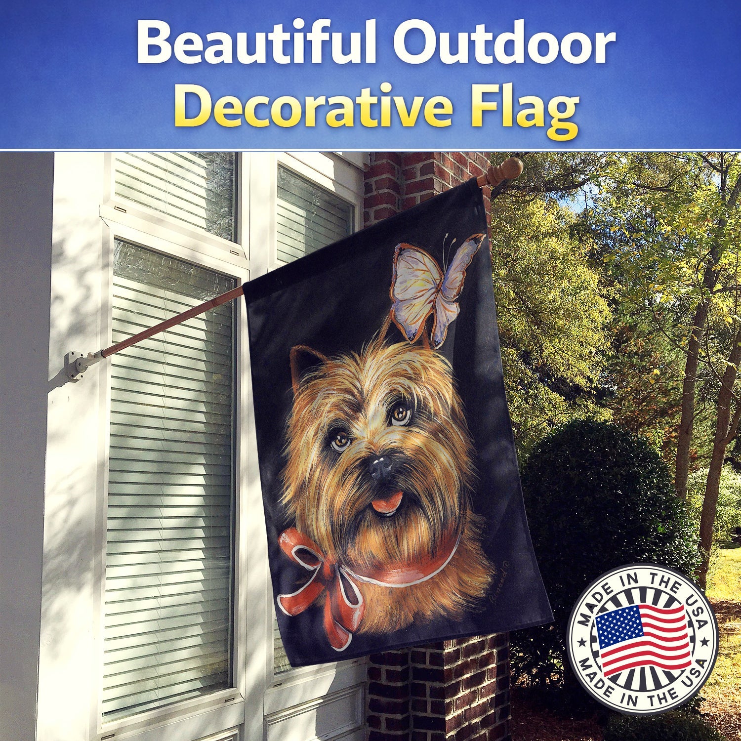Cairn Terrier Butterfly House Flag 28x40 Porch Sleeve Pole Decorative Outside Yard Banner Artwork Wall Hanging, Polyester