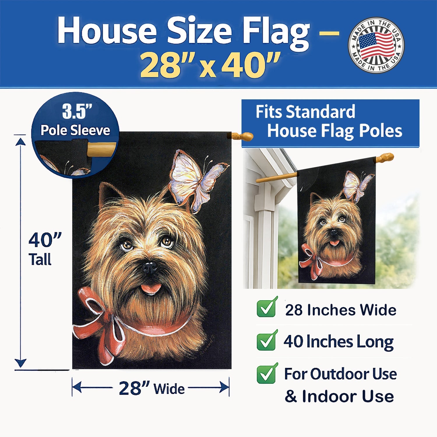 Cairn Terrier Butterfly House Flag 28x40 Porch Sleeve Pole Decorative Outside Yard Banner Artwork Wall Hanging, Polyester