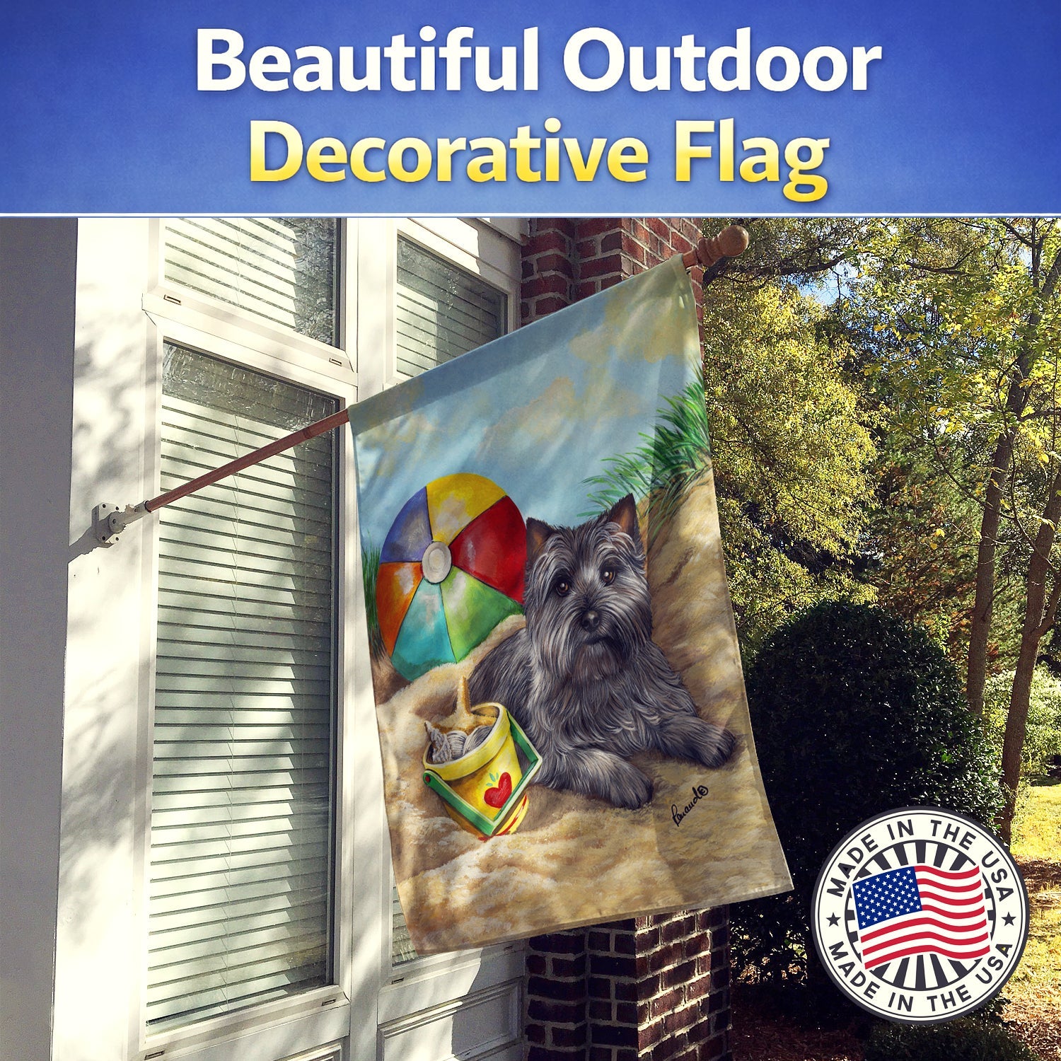 Cairn Terrier At the Beach House Flag 28x40 Porch Sleeve Pole Decorative Outside Yard Banner Artwork Wall Hanging, Polyester