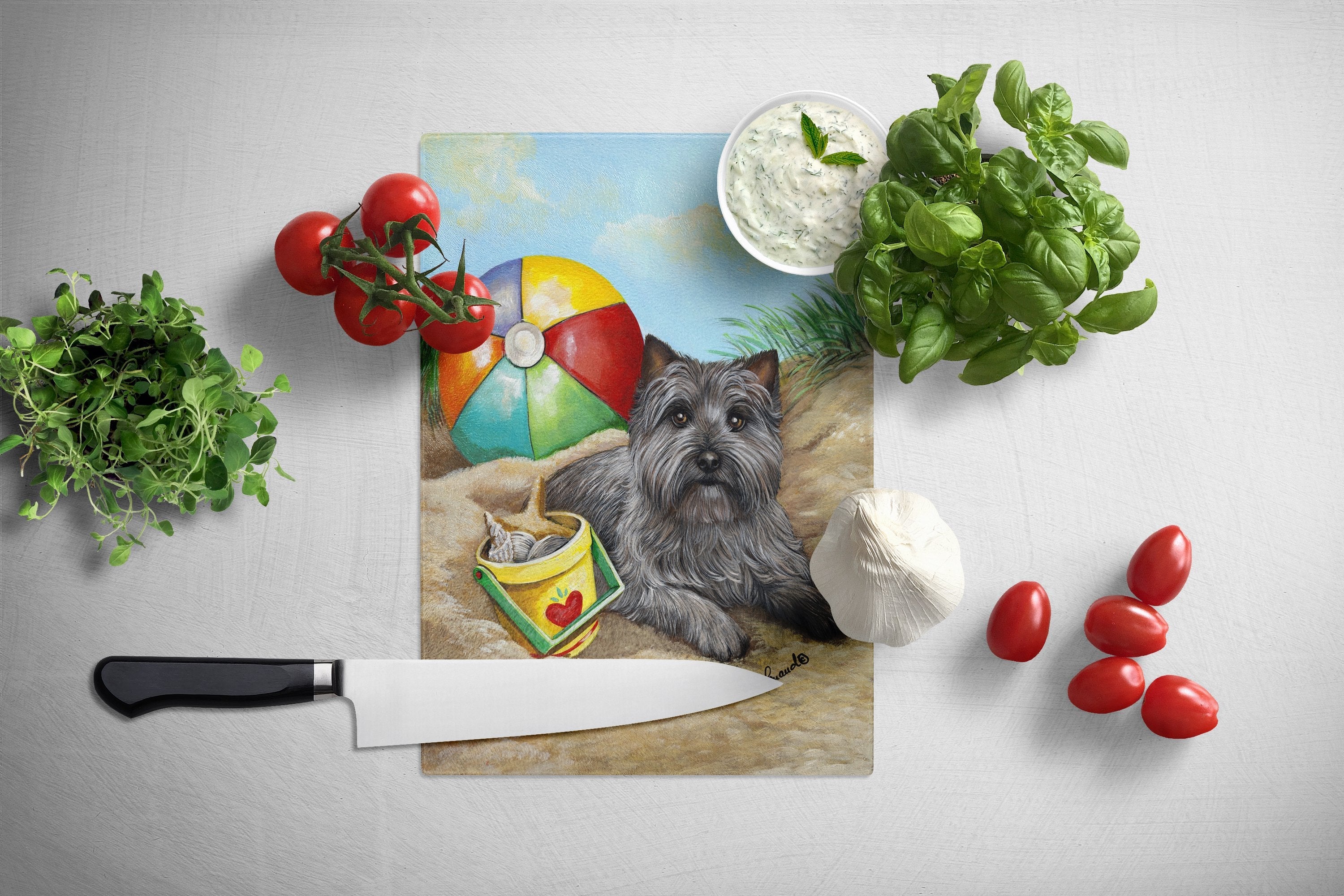 Cairn Terrier At the Beach Cutting Board Tempered Glass Kitchen Cutting Surface, Heat Resistant Chopping, Non-Slip Feet, Food Prep & Serving