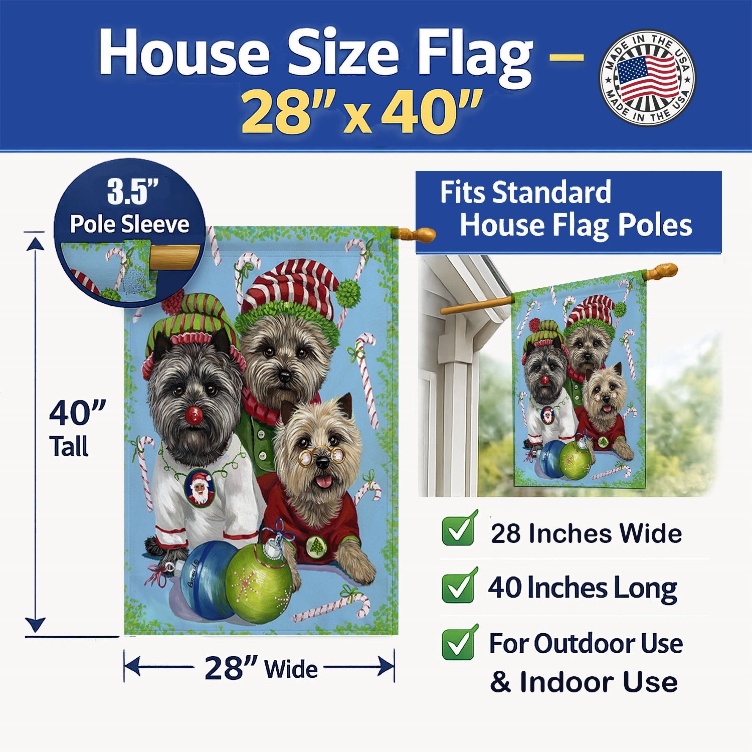 Cairn Terrier Christmas Elves House Flag 28x40 Porch Sleeve Pole Decorative Outside Yard Banner Artwork Wall Hanging, Polyester
