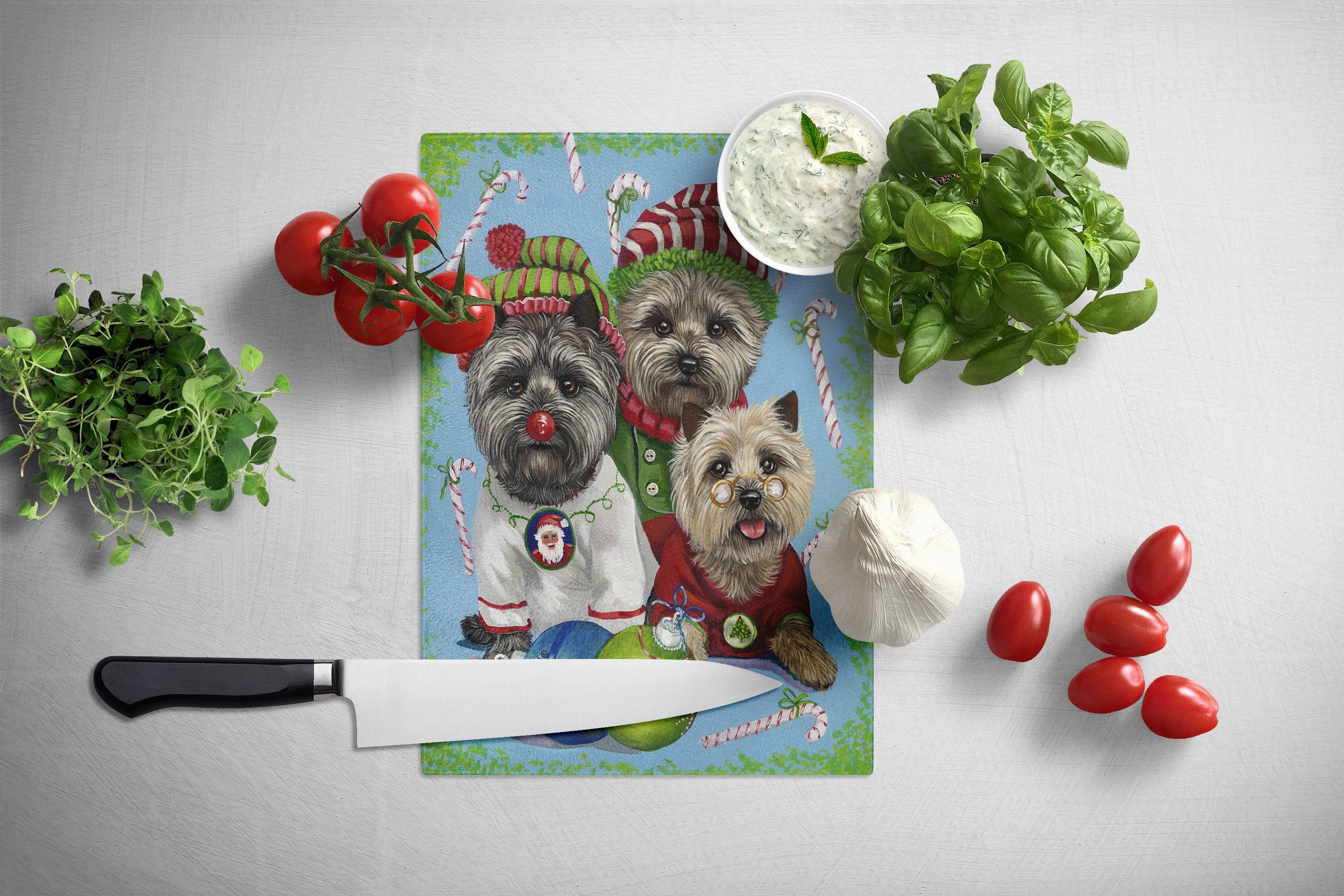 Cairn Terrier Christmas Elves Cutting Board Tempered Glass Kitchen Cutting Surface, Heat Resistant Chopping, Non-Slip Feet, Food Prep & Serving