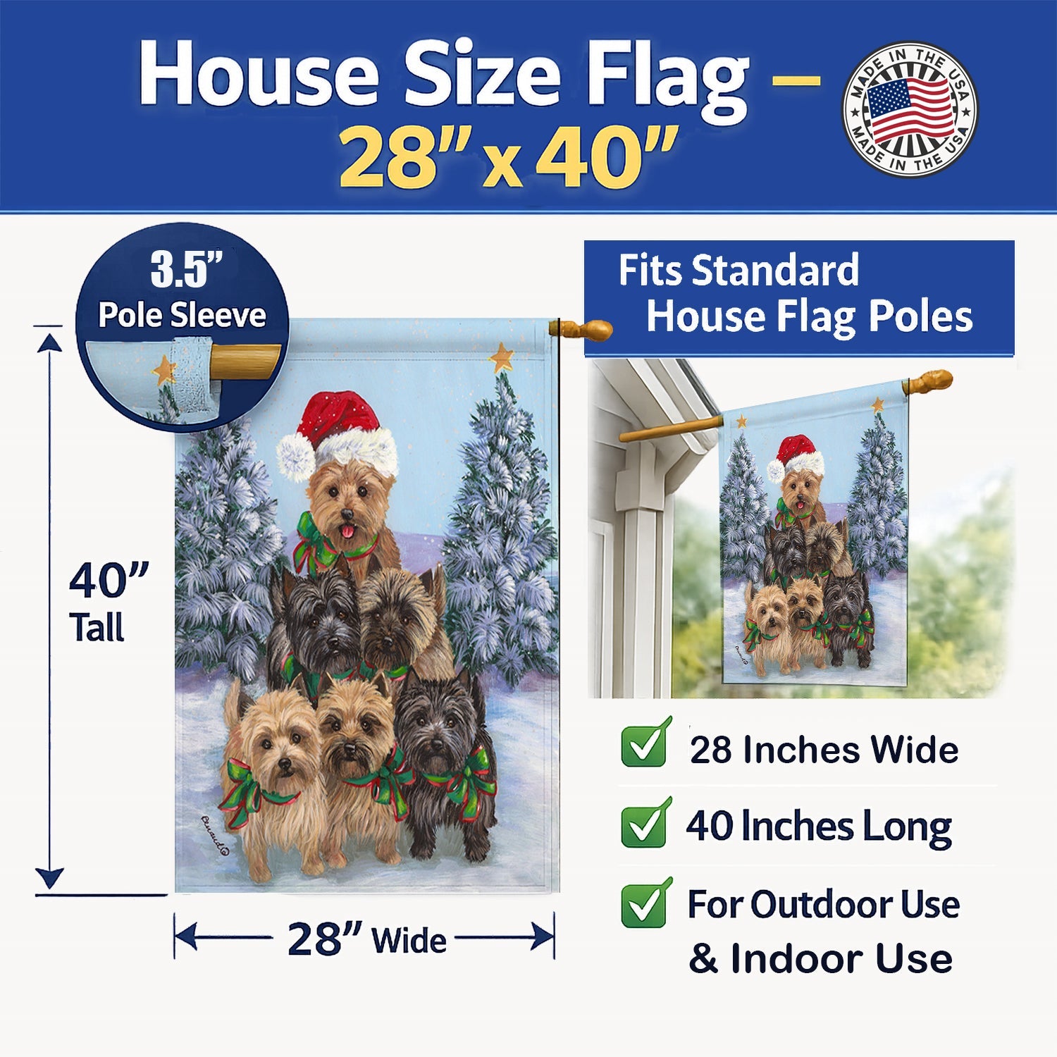 Cairn Terrier Christmas Family Tree House Flag 28x40 Porch Sleeve Pole Decorative Outside Yard Banner Artwork Wall Hanging, Polyester