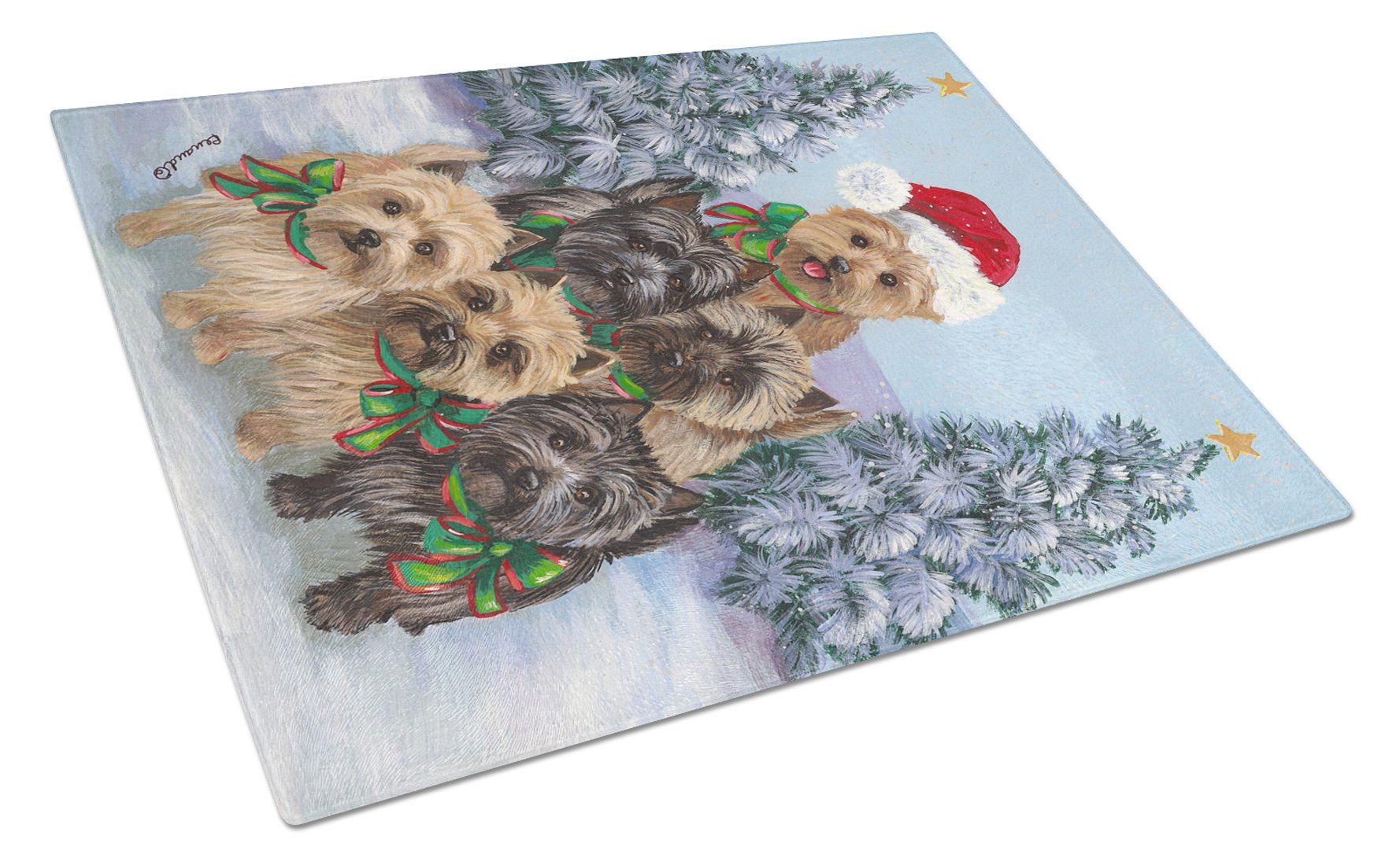 Cairn Terrier Christmas Family Tree Cutting Board Tempered Glass Kitchen Cutting Surface, Heat Resistant Chopping, Non-Slip Feet, Food Prep & Serving