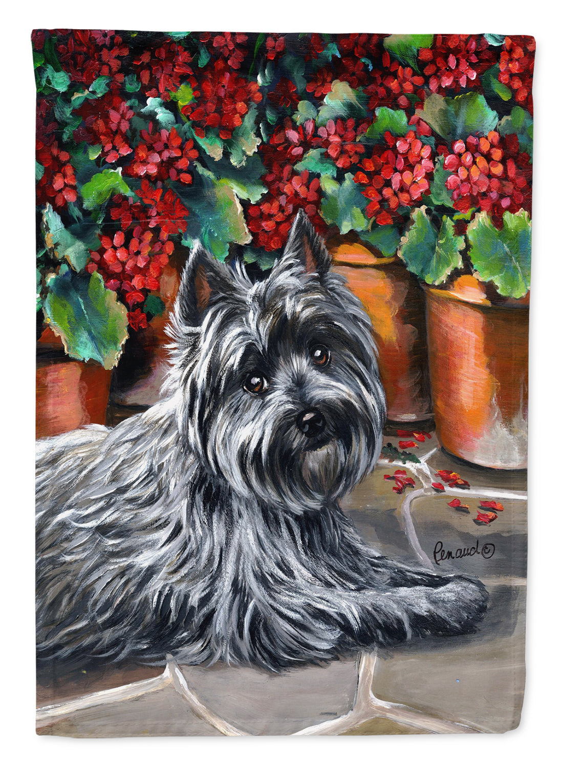 Cairn Terrier Geraniums House Flag 28x40 Porch Sleeve Pole Decorative Outside Yard Banner Artwork Wall Hanging, Polyester