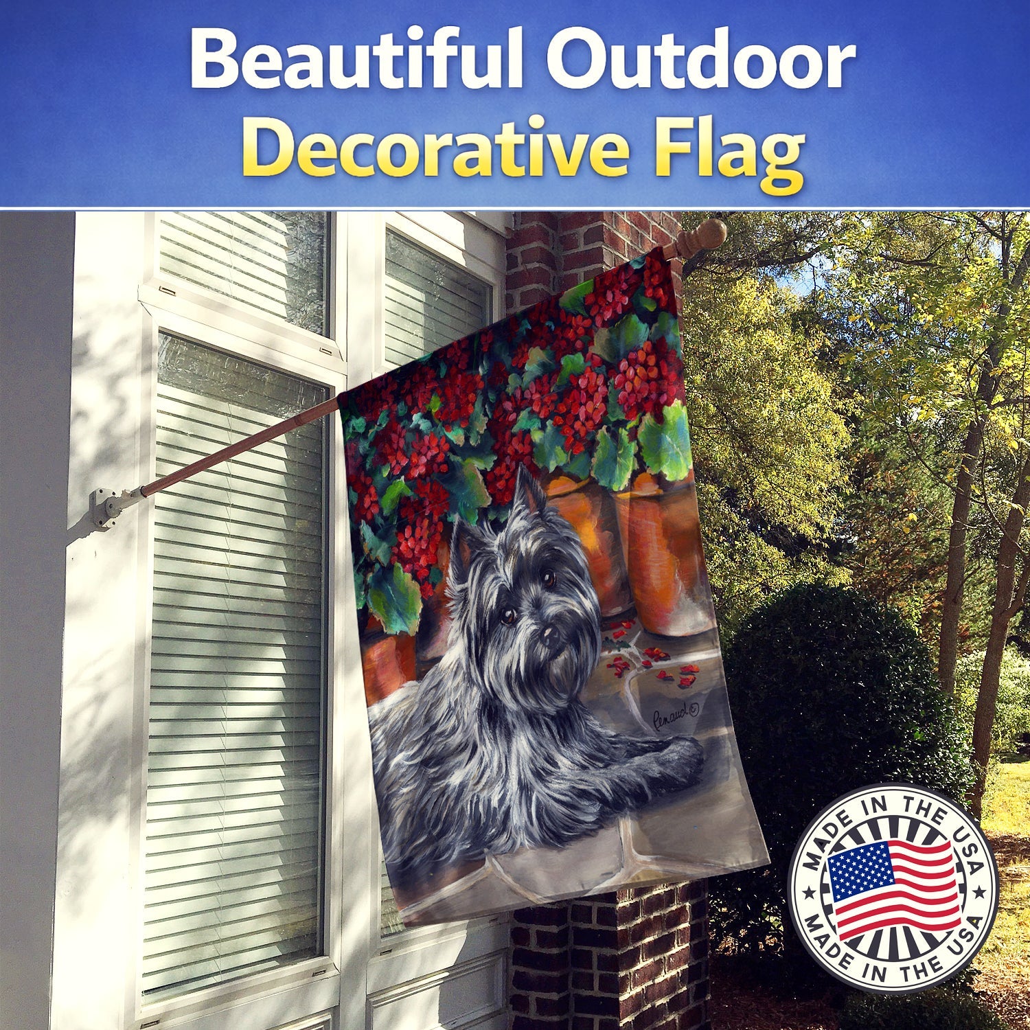 Cairn Terrier Geraniums House Flag 28x40 Porch Sleeve Pole Decorative Outside Yard Banner Artwork Wall Hanging, Polyester