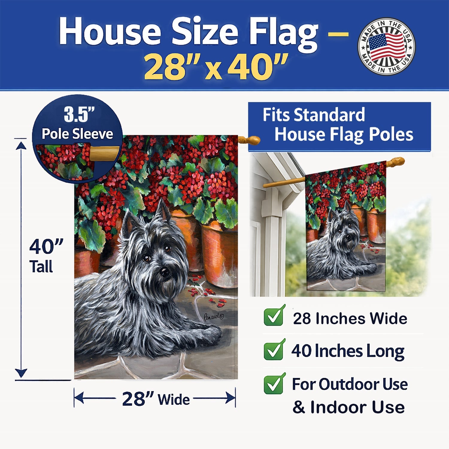 Cairn Terrier Geraniums House Flag 28x40 Porch Sleeve Pole Decorative Outside Yard Banner Artwork Wall Hanging, Polyester