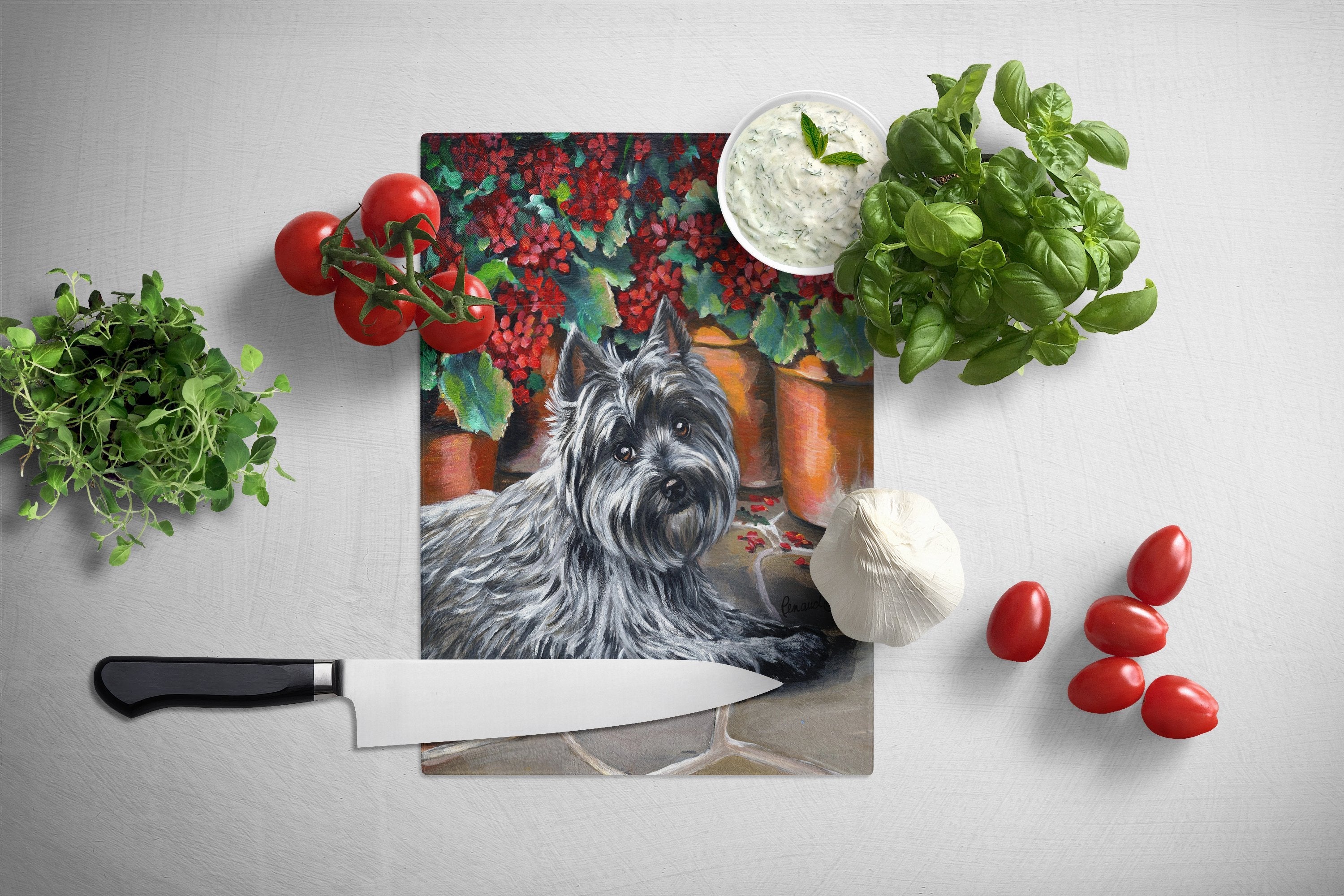 Cairn Terrier Geraniums Cutting Board Tempered Glass Kitchen Cutting Surface, Heat Resistant Chopping, Non-Slip Feet, Food Prep & Serving