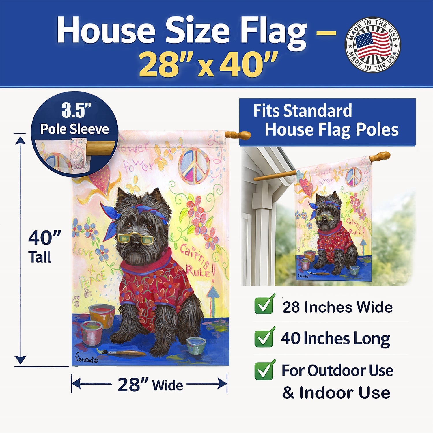 Cairn Terrier Hippie Dippie House Flag 28x40 Porch Sleeve Pole Decorative Outside Yard Banner Artwork Wall Hanging, Polyester