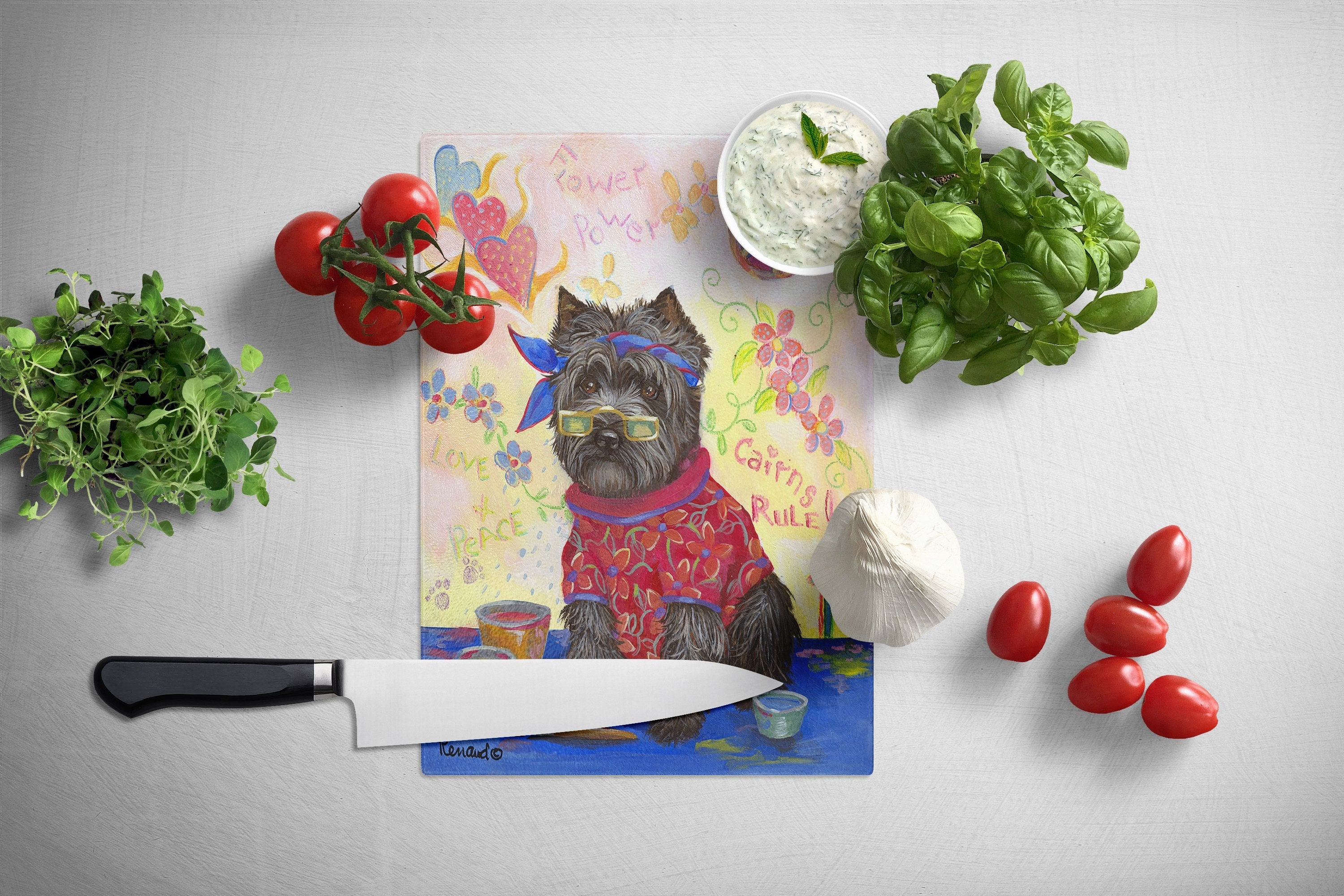 Cairn Terrier Hippie Dippie Cutting Board Tempered Glass Kitchen Cutting Surface, Heat Resistant Chopping, Non-Slip Feet, Food Prep & Serving
