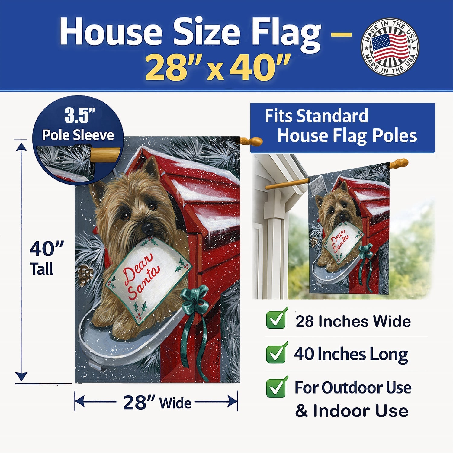 Cairn Terrier Christmas Letter to Santa House Flag 28x40 Porch Sleeve Pole Decorative Outside Yard Banner Artwork Wall Hanging, Polyester