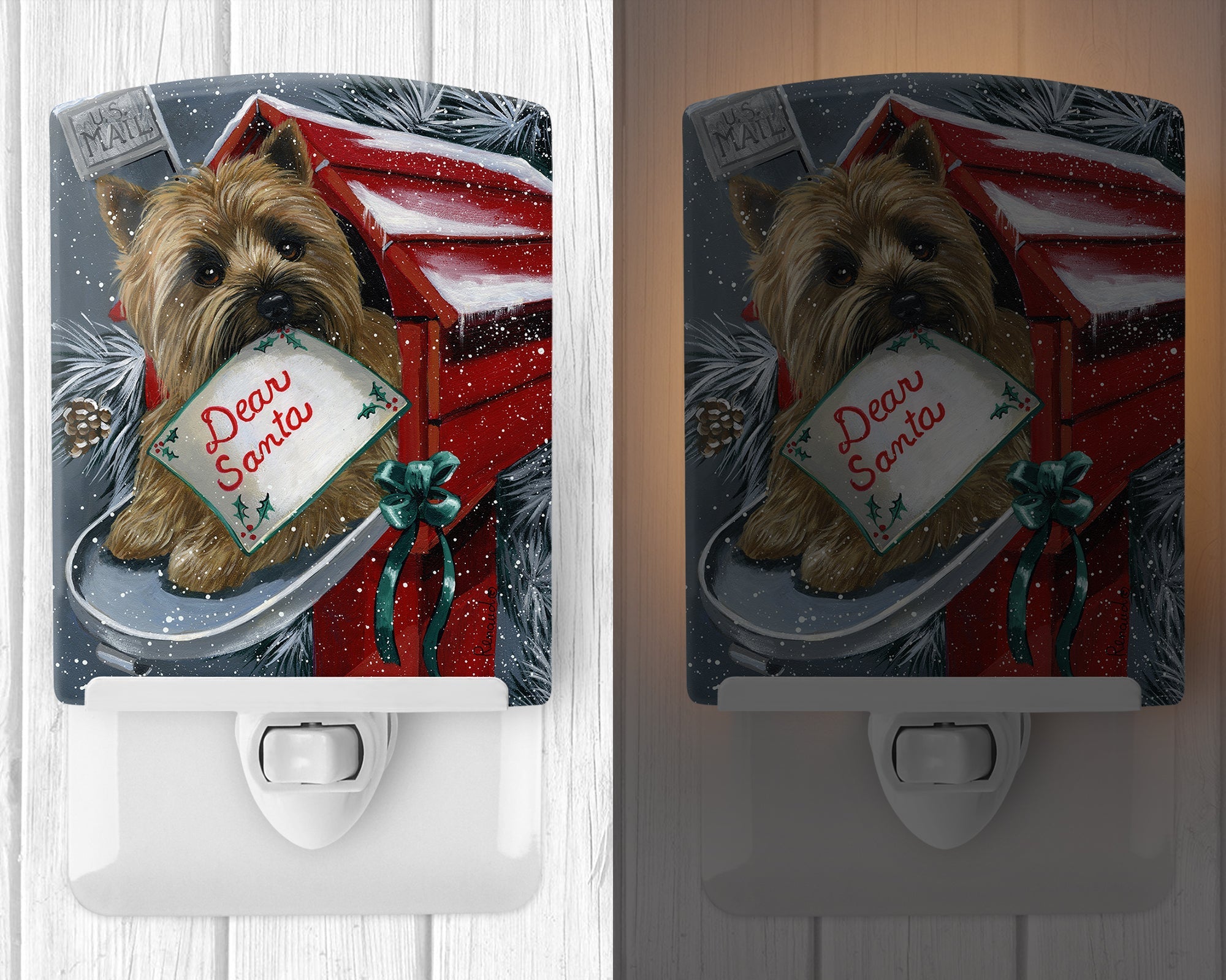 Cairn Terrier Christmas Letter to Santa Ceramic Night Light Compact, UL-Certified, Ideal for Bedroom, Bathroom, Nursery, Hallway, Kitchen, 6x4x3, Multicolor
